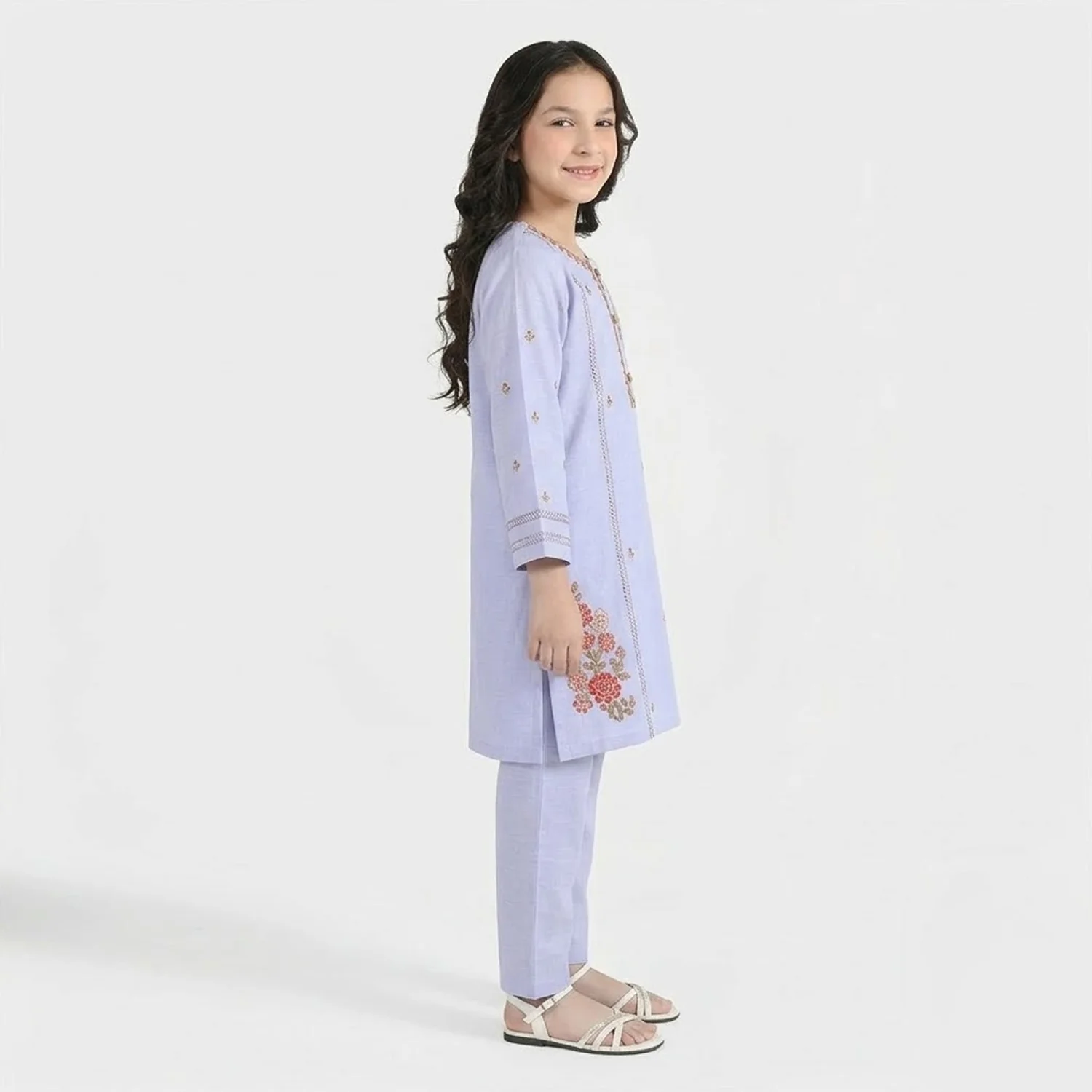 Girls Cotton Slub Embroidered Suit (Nagma) - Lilac - Image 2