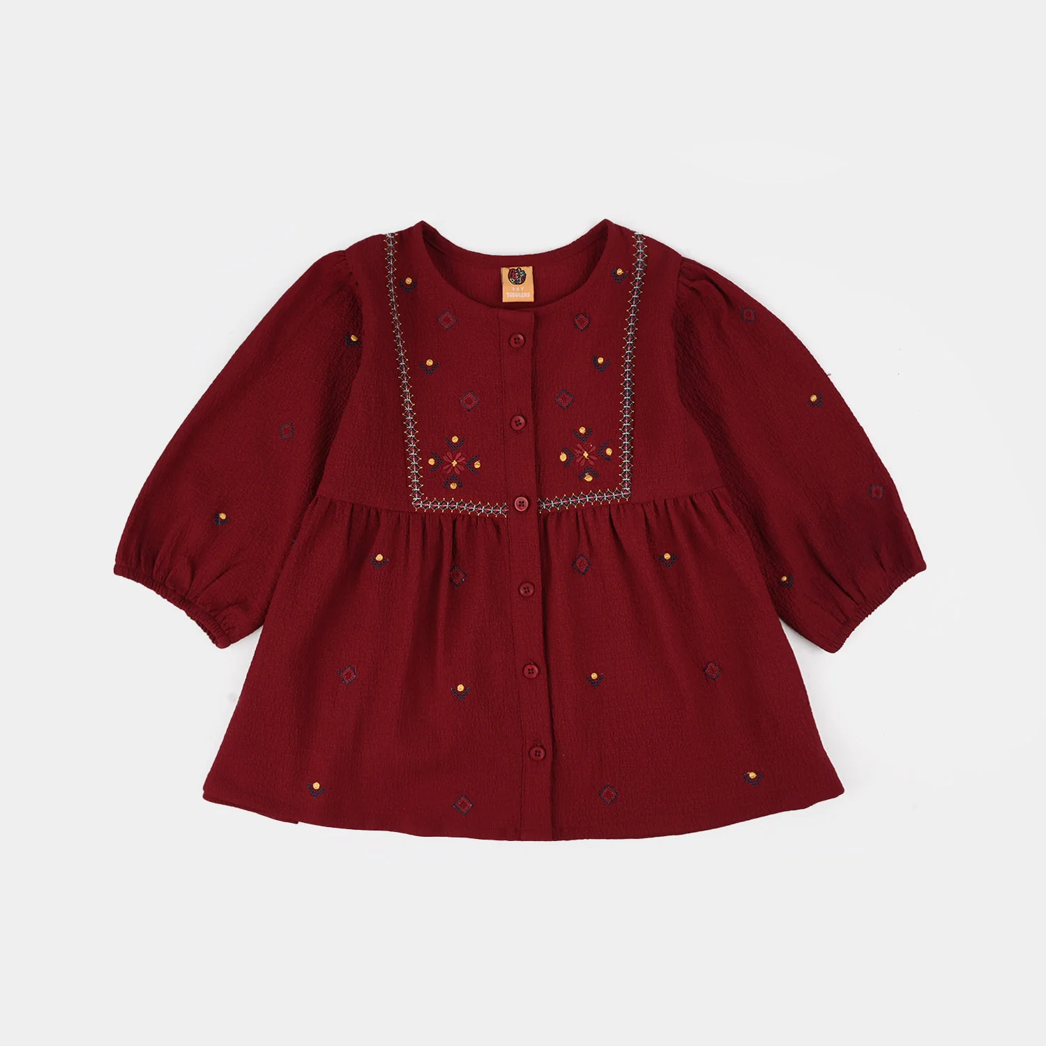 Girls Poly Crinkle Embroidered Top (Desi Tribal) - Maroon