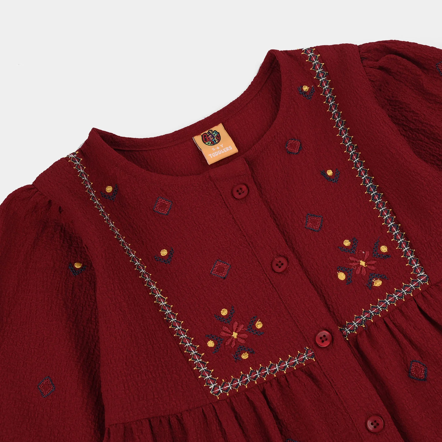 Girls Poly Crinkle Embroidered Top (Desi Tribal) - Maroon - Image 2