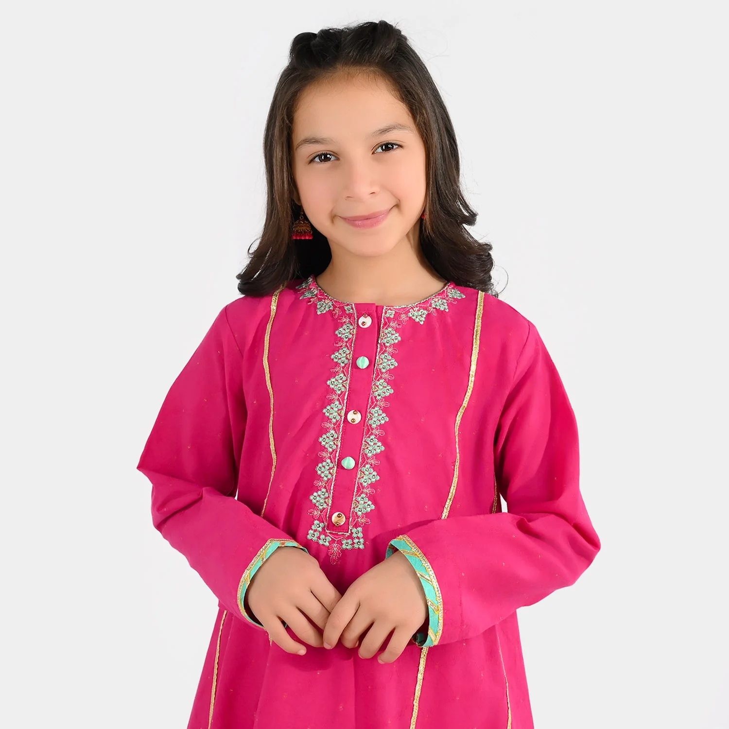Girls Jacquard 3-Piece Suit (Dil Naz) - Shocking Pink - Image 2