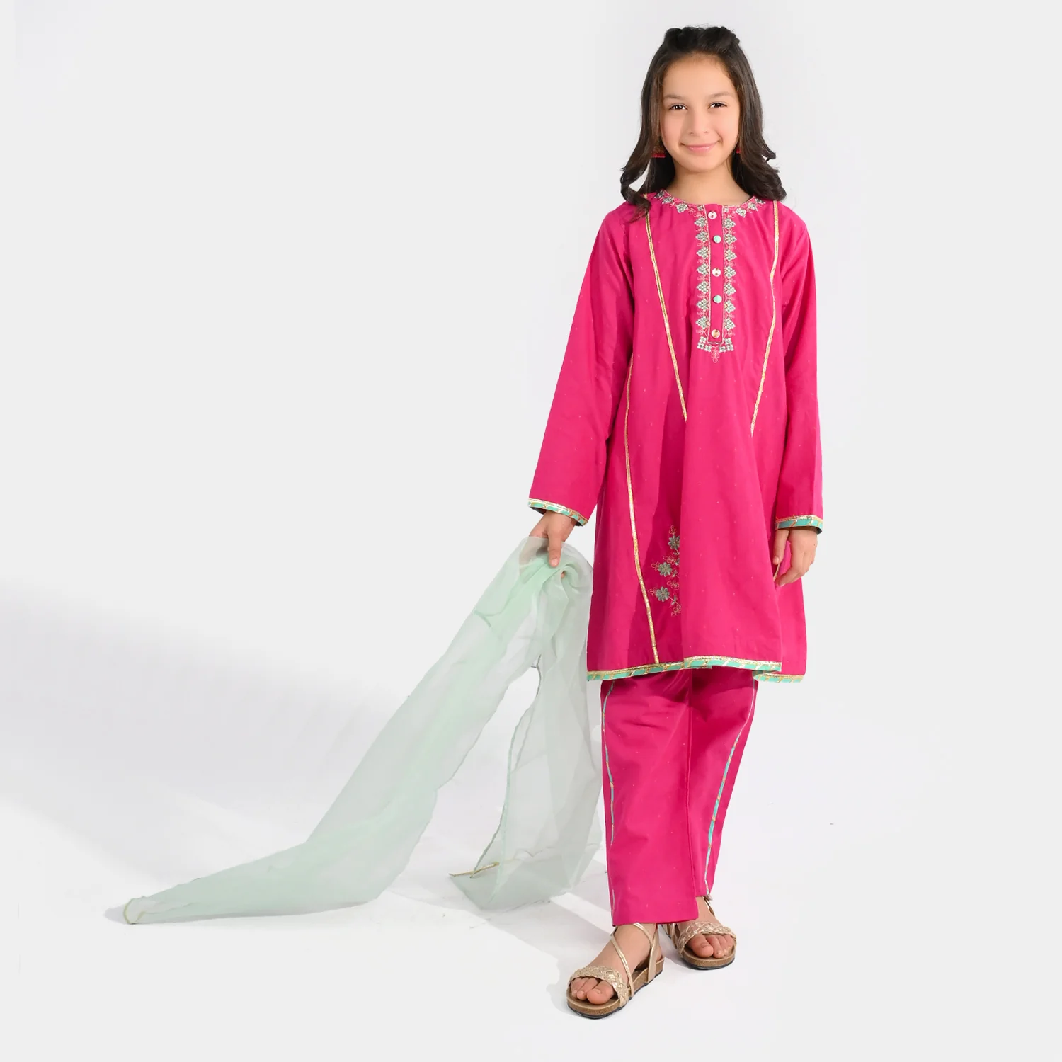Girls Jacquard 3-Piece Suit (Dil Naz) - Shocking Pink - Image 3