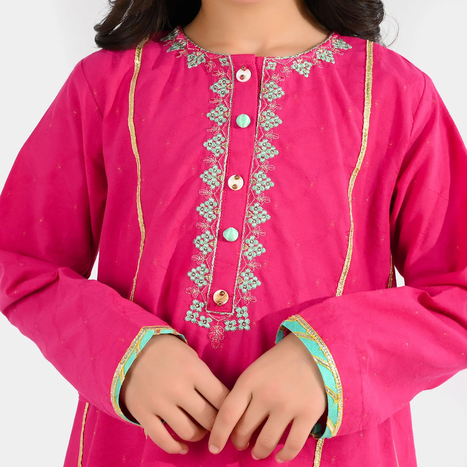 Girls Jacquard 3-Piece Suit (Dil Naz) - Shocking Pink - Image 4