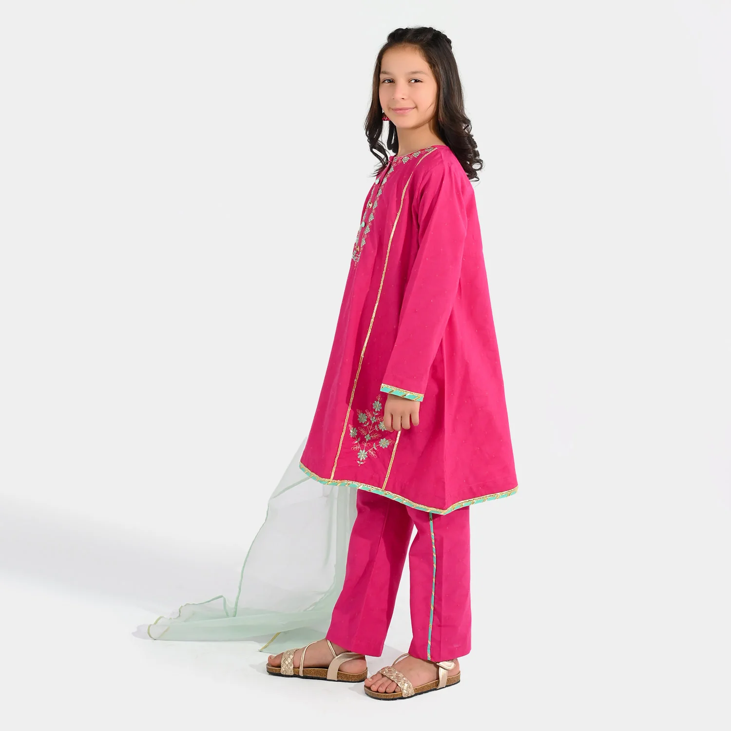 Girls Jacquard 3-Piece Suit (Dil Naz) - Shocking Pink - Image 5