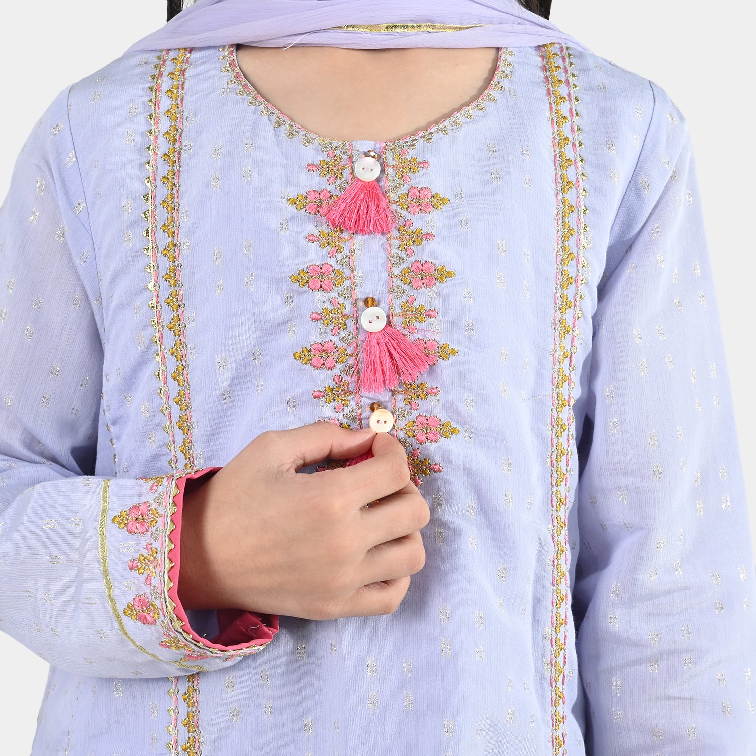 Girls Jacquard 3 Piece Suit (Mahay Rang) - Lilac - Image 2