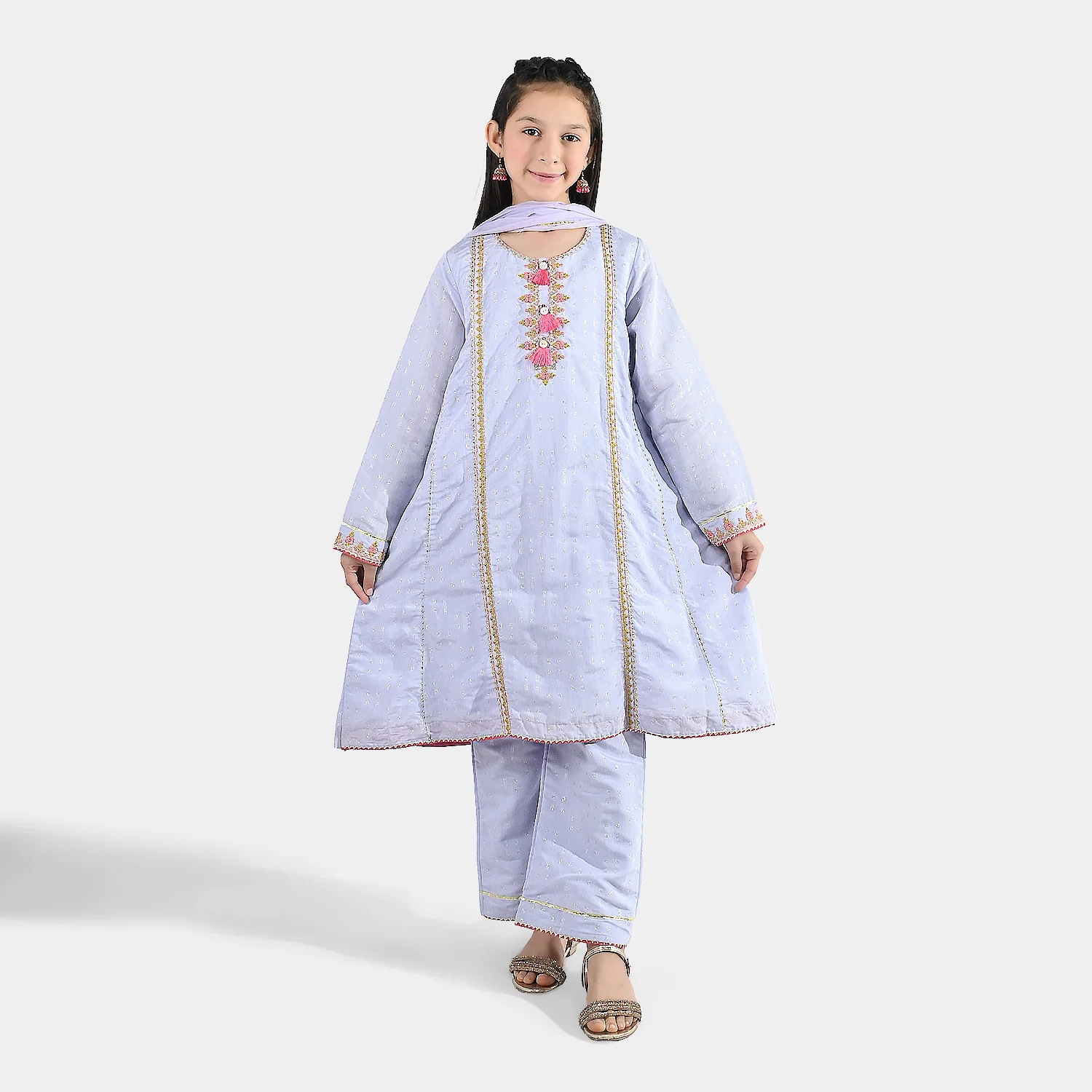 Girls Jacquard 3 Piece Suit (Mahay Rang) - Lilac - Image 3