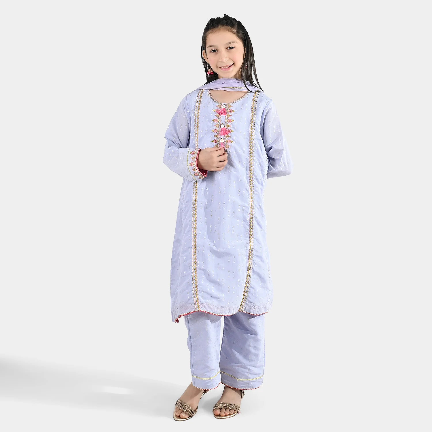 Girls Jacquard 3 Piece Suit (Mahay Rang) - Lilac - Image 5