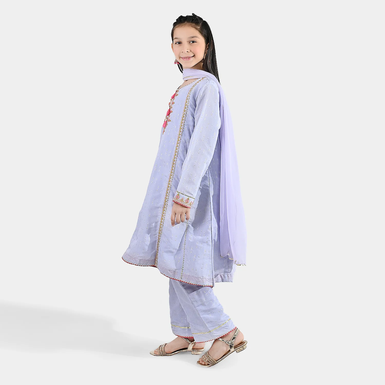 Girls Jacquard 3 Piece Suit (Mahay Rang) - Lilac - Image 6