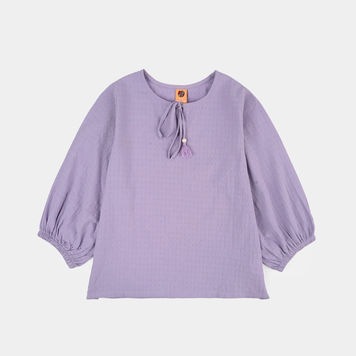 Girls Jacquard Casual Top – Purple with Puffed Sleeves and Tie-Up Neckline