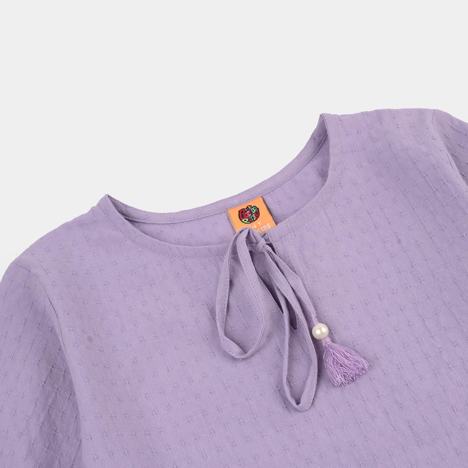 Girls Jacquard Casual Top – Purple with Puffed Sleeves and Tie-Up Neckline - Image 2