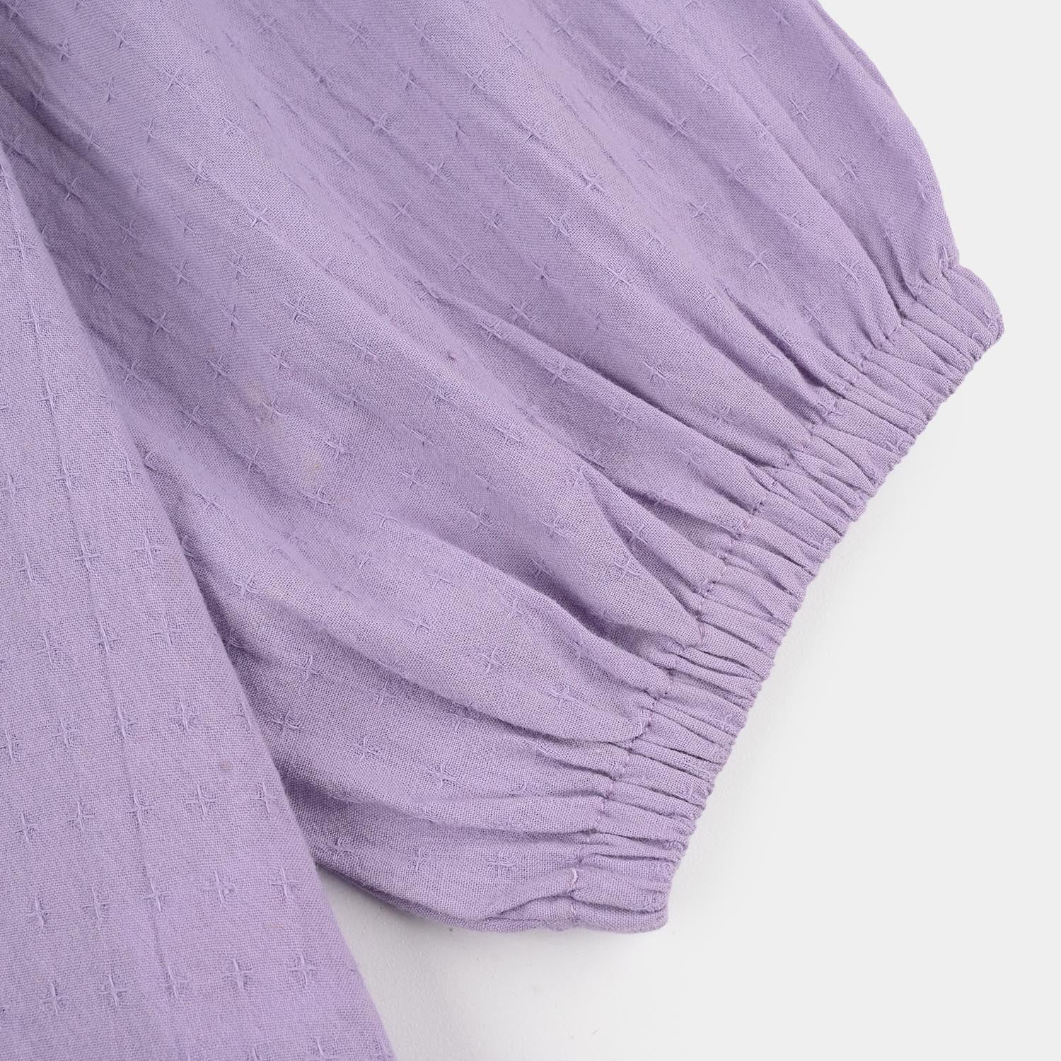 Girls Jacquard Casual Top – Purple with Puffed Sleeves and Tie-Up Neckline - Image 3