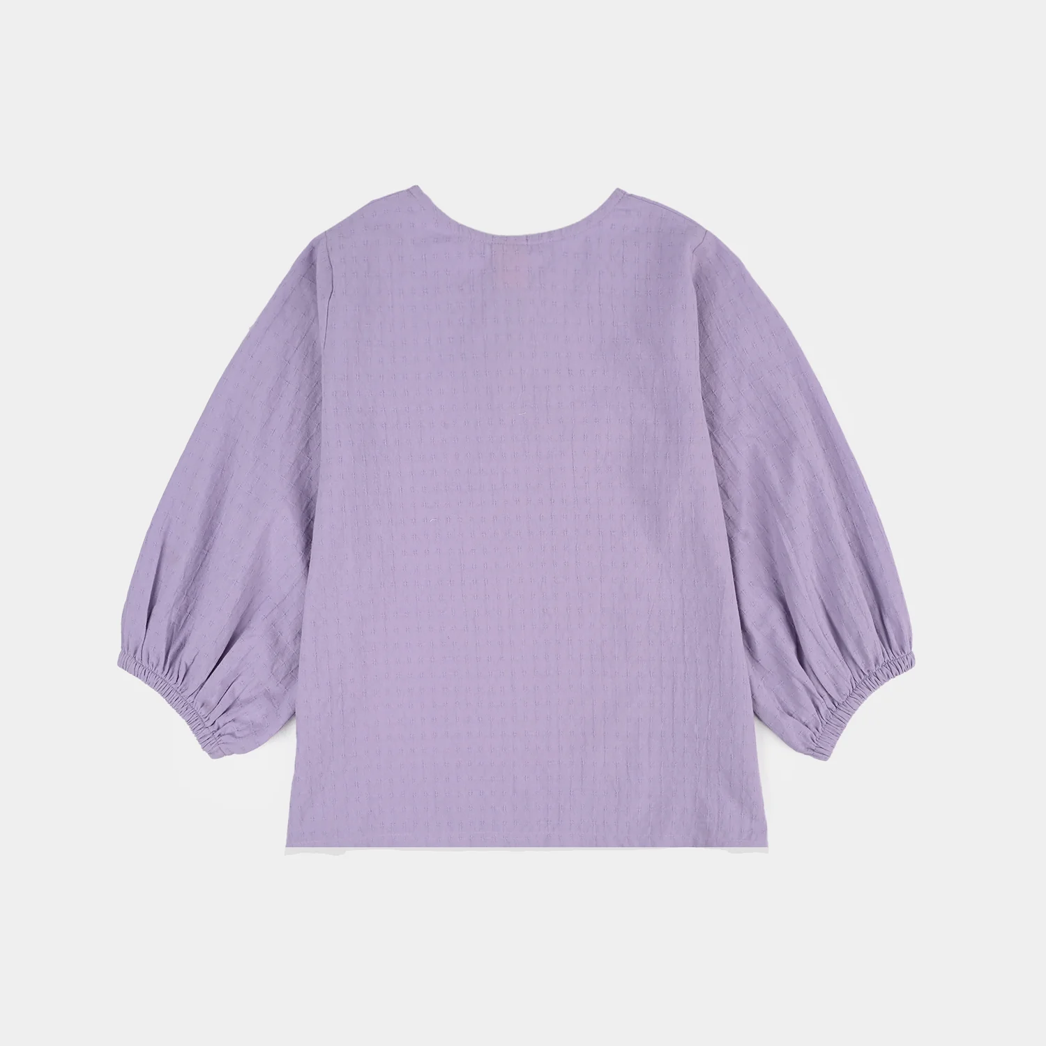 Girls Jacquard Casual Top – Purple with Puffed Sleeves and Tie-Up Neckline - Image 5