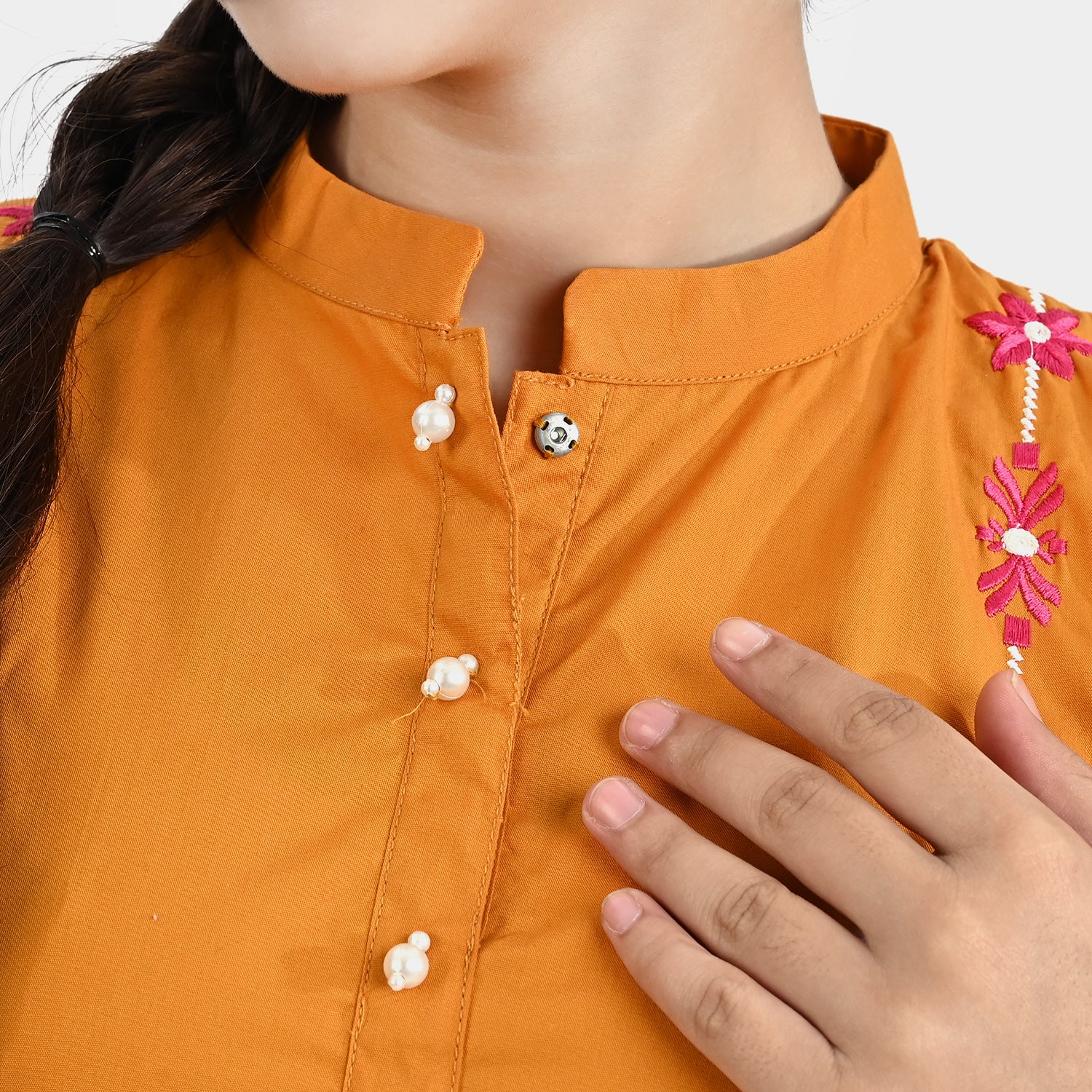 Girls Jacquard Emb Kurti Vibrant- Mustard - Image 2