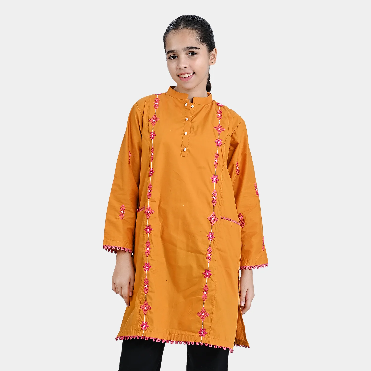Girls Jacquard Emb Kurti Vibrant- Mustard - Image 3