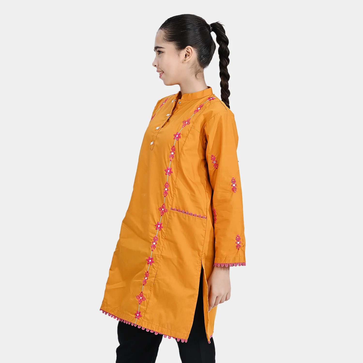 Girls Jacquard Emb Kurti Vibrant- Mustard - Image 4