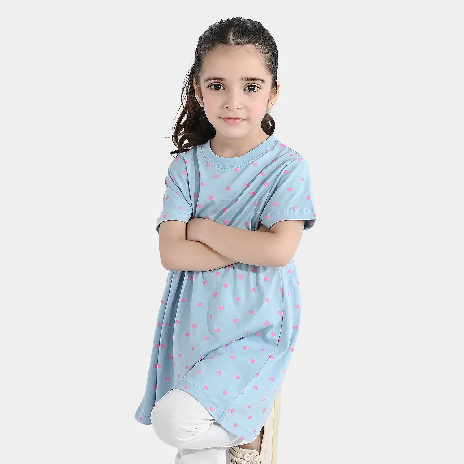Girls Jersey/Terry Knitted Frock (Hearts) - Grey - Image 2
