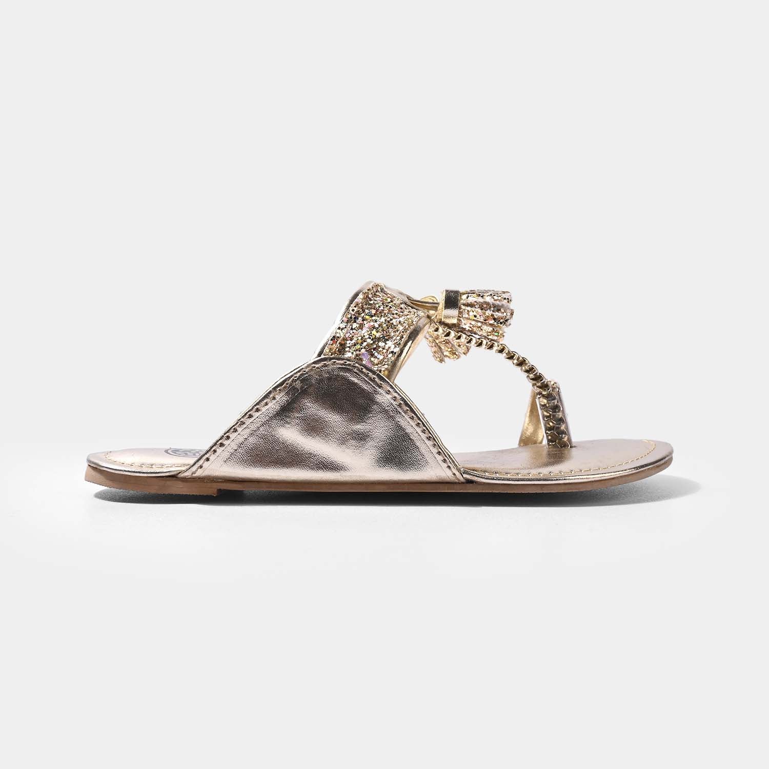 Girls Kolhapuri MT-05 – Golden with Glitter Strap and Bow Accent - Image 4