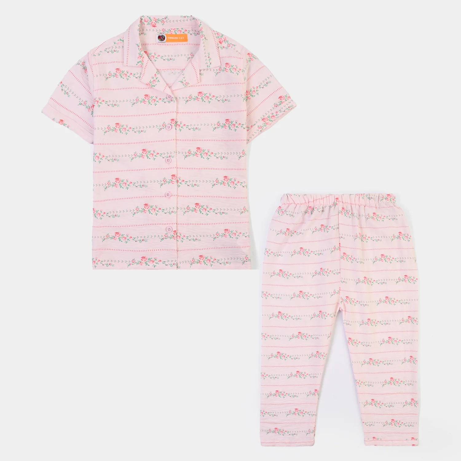 Girls Linen Viscose Nightwear-Stripe & Rose-Light Pink