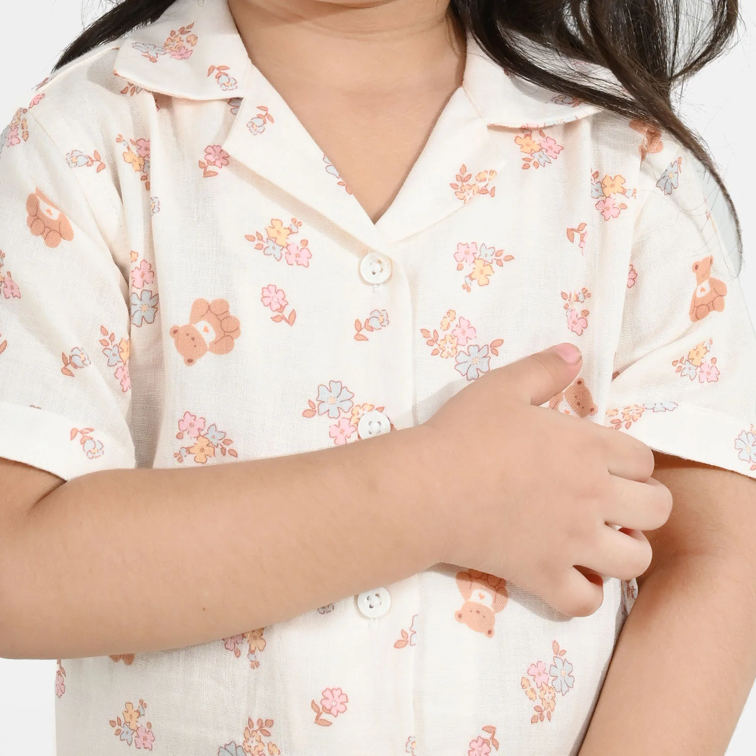 Girls Linen Viscose Nightwear-Teddy Flora-Cream - Image 2