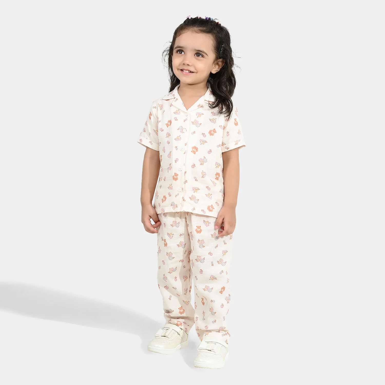 Girls Linen Viscose Nightwear-Teddy Flora-Cream - Image 4