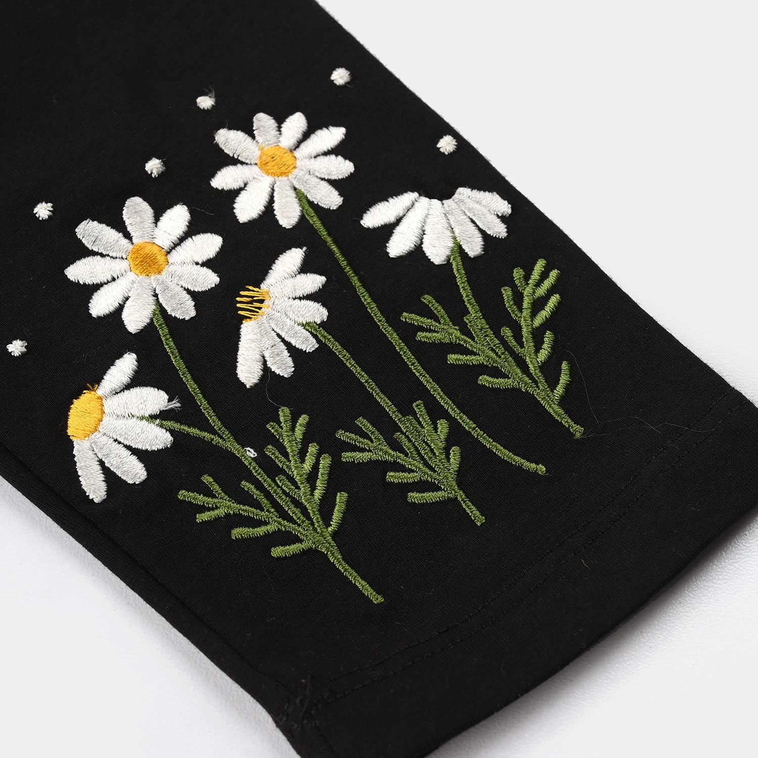 Girls Lycra Jersey Embroidered Tights (Daisy) - Black - Image 3