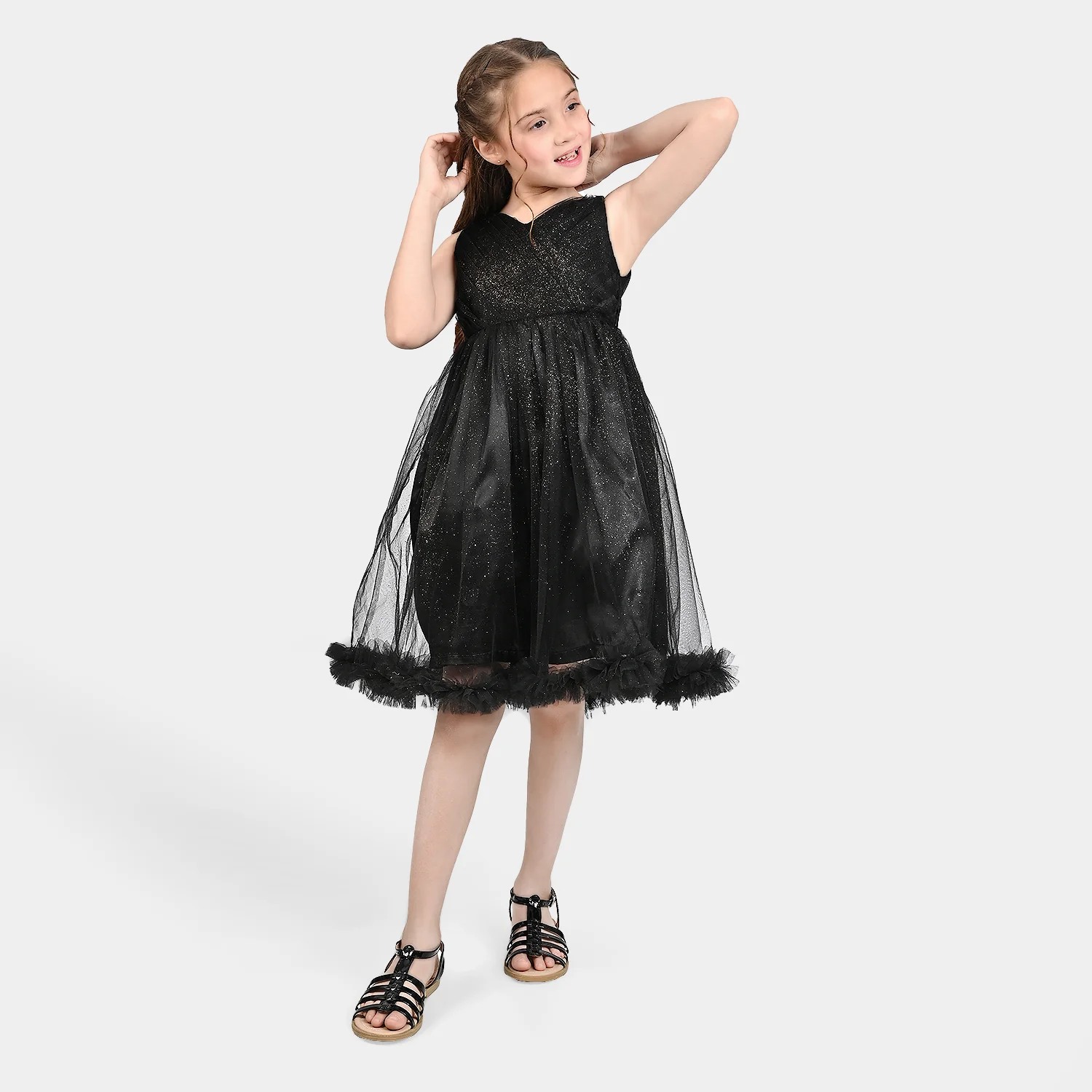 Girls Net Fancy Frock Shimmer-BLACK - Image 3