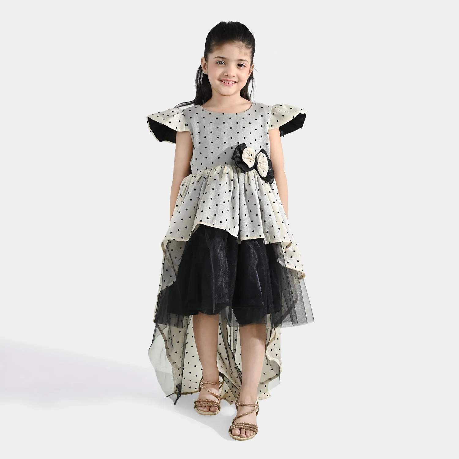 Girls Organza Fancy Frock (Dotted) - Off-White
