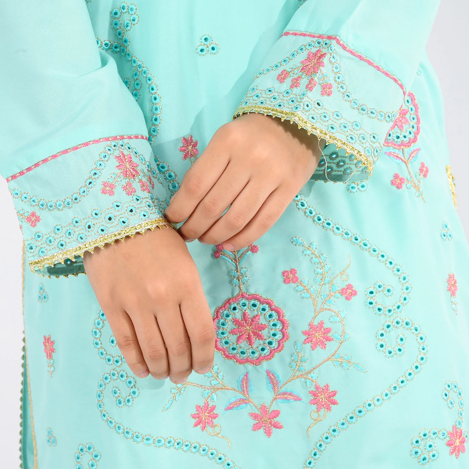 Girls Poly Cambric 3-Piece Ghazal Set - Mint Green - Image 2