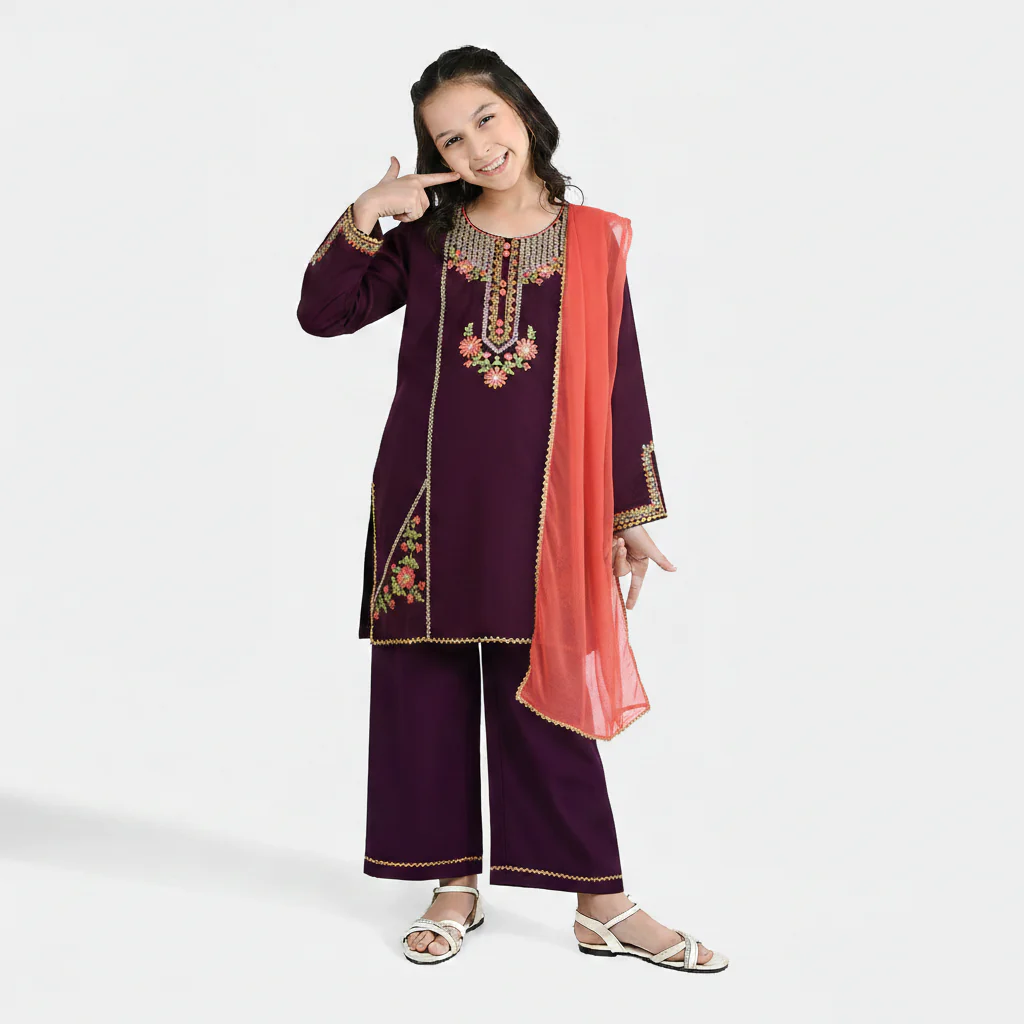 Girls Poly Cambric 3-Piece Set (Rang Saaz) - Purple - Image 4