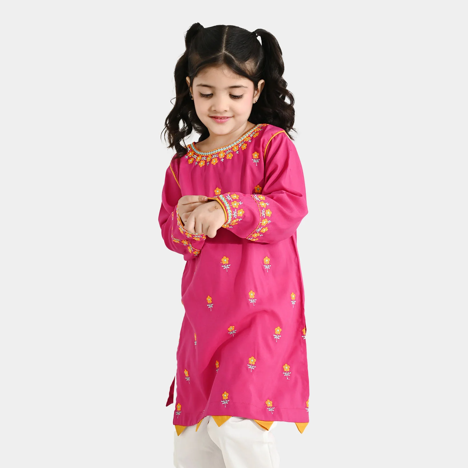 Girls Poly Cambric Embroidered Kurti Pari Noor - Shocking Pink - Image 3