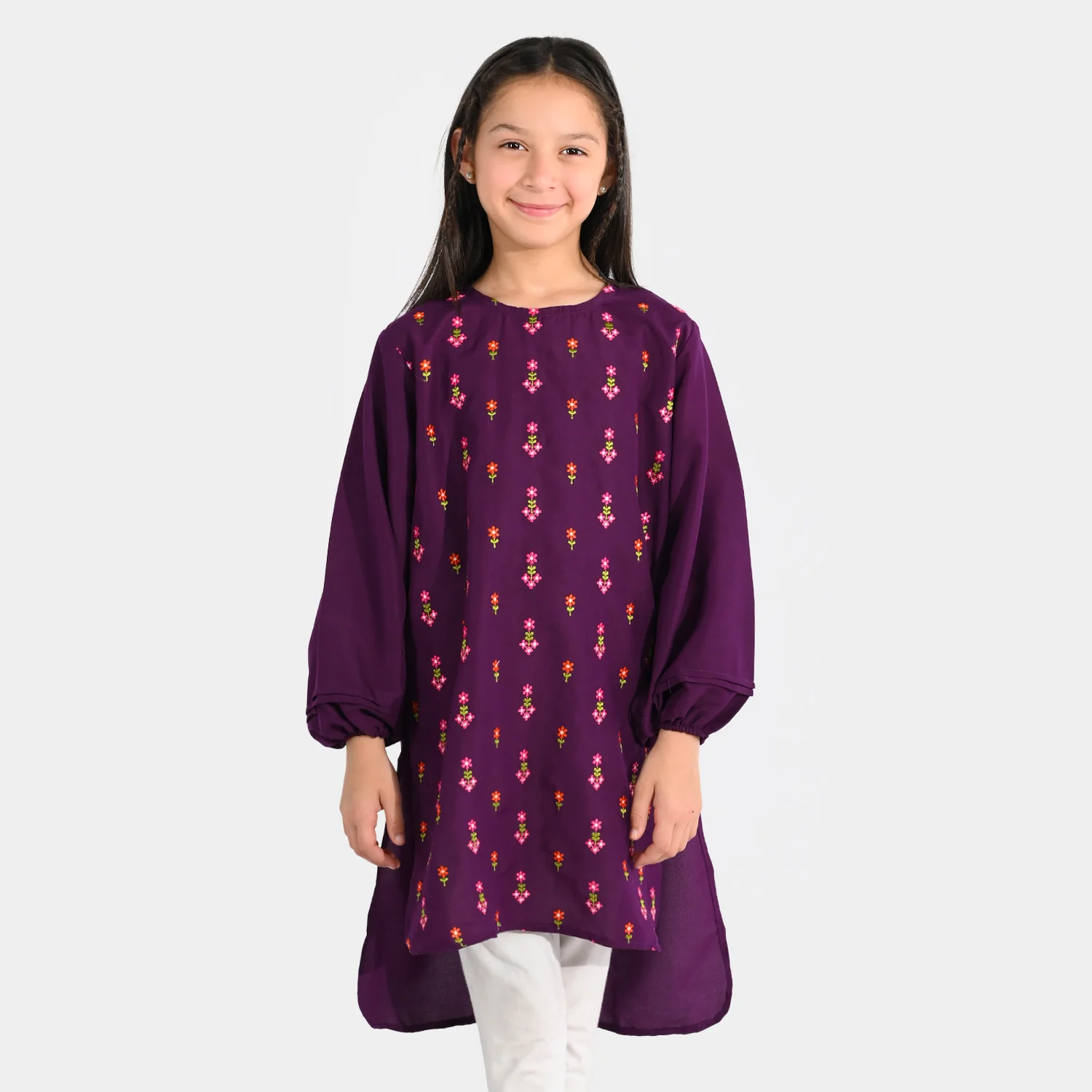Girls Poly Cambric Embroidered Kurti – Purple