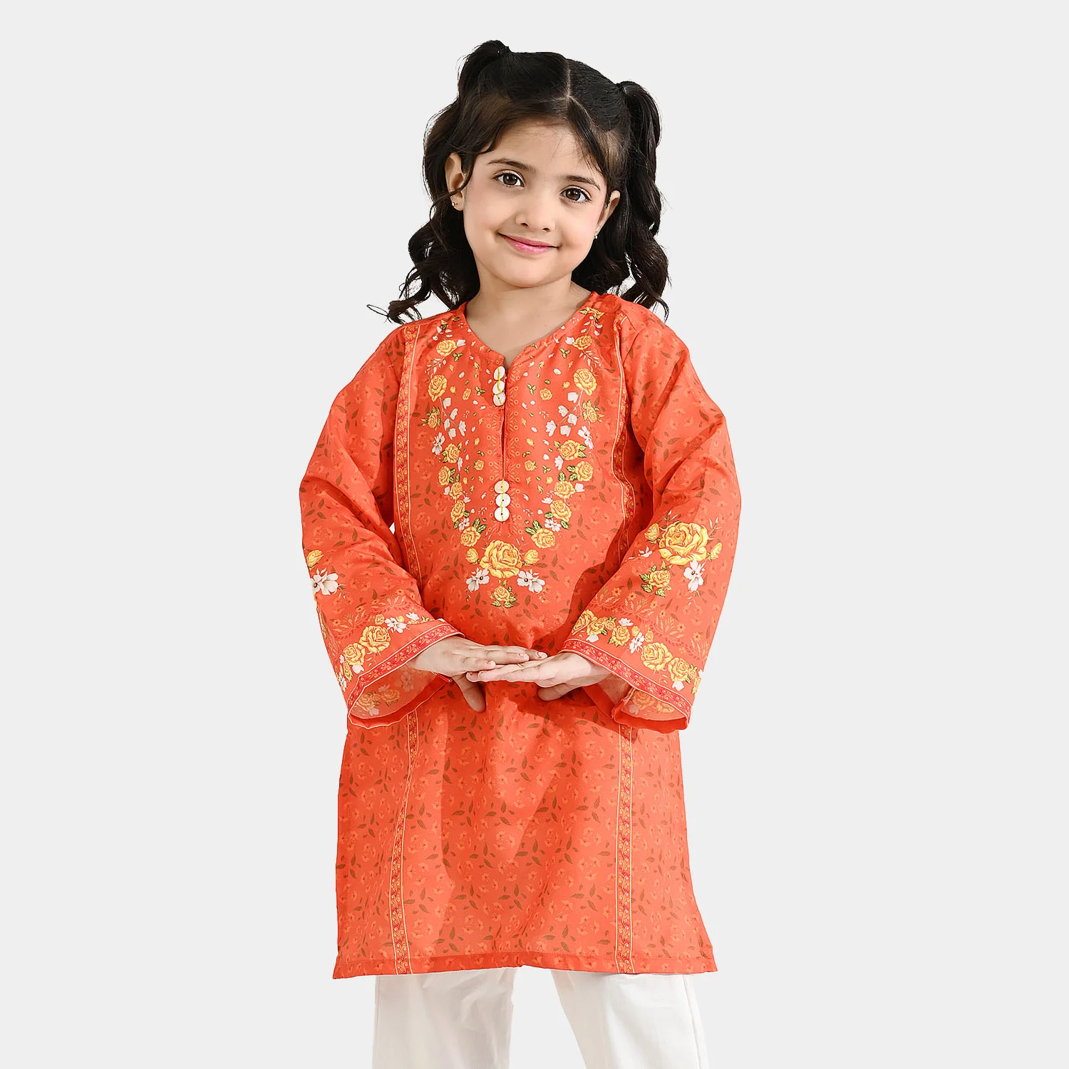 Girls Poly Cambric Printed Kurti - Orange - Image 3