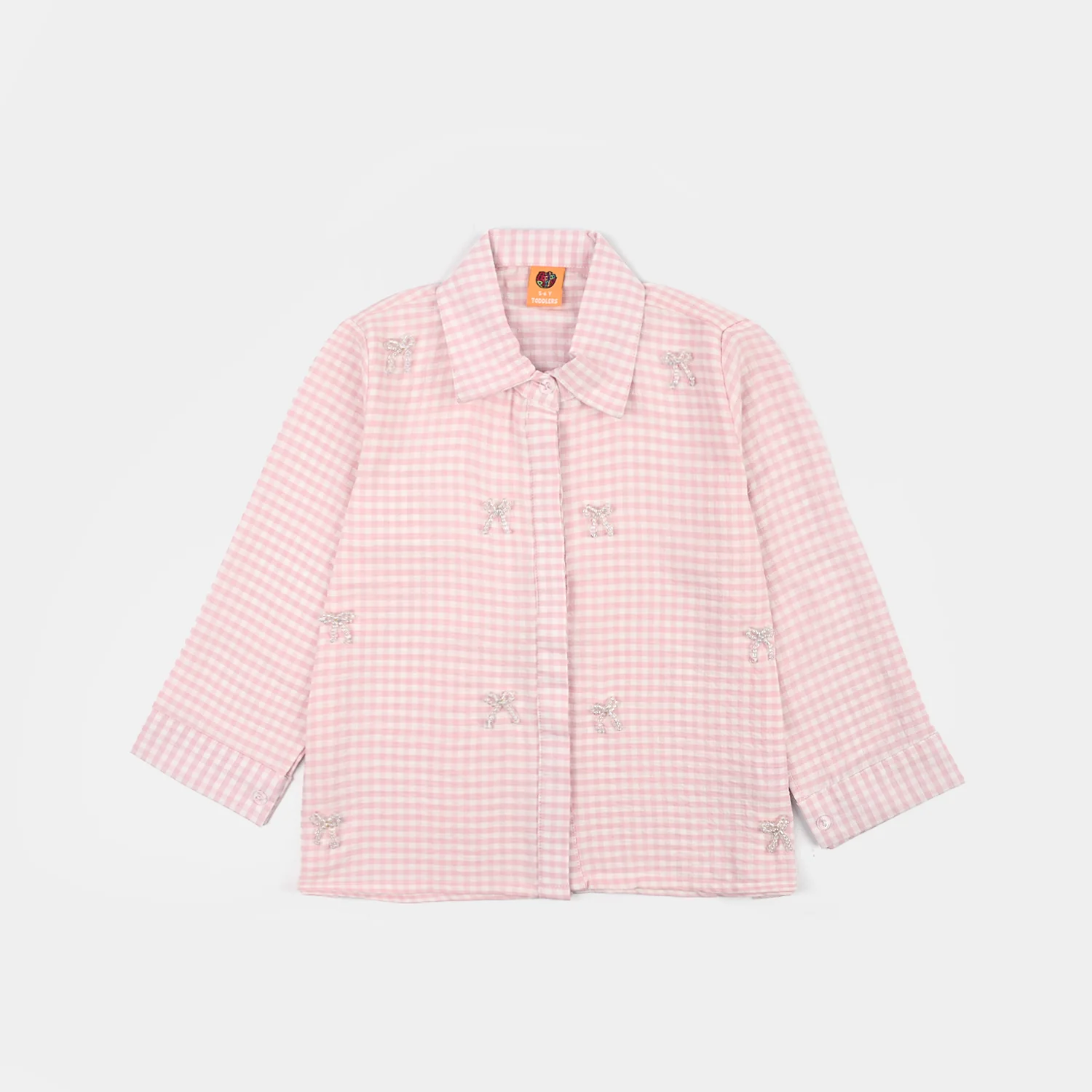 Girls Poly Cotton Top Checks and Bows-Pink