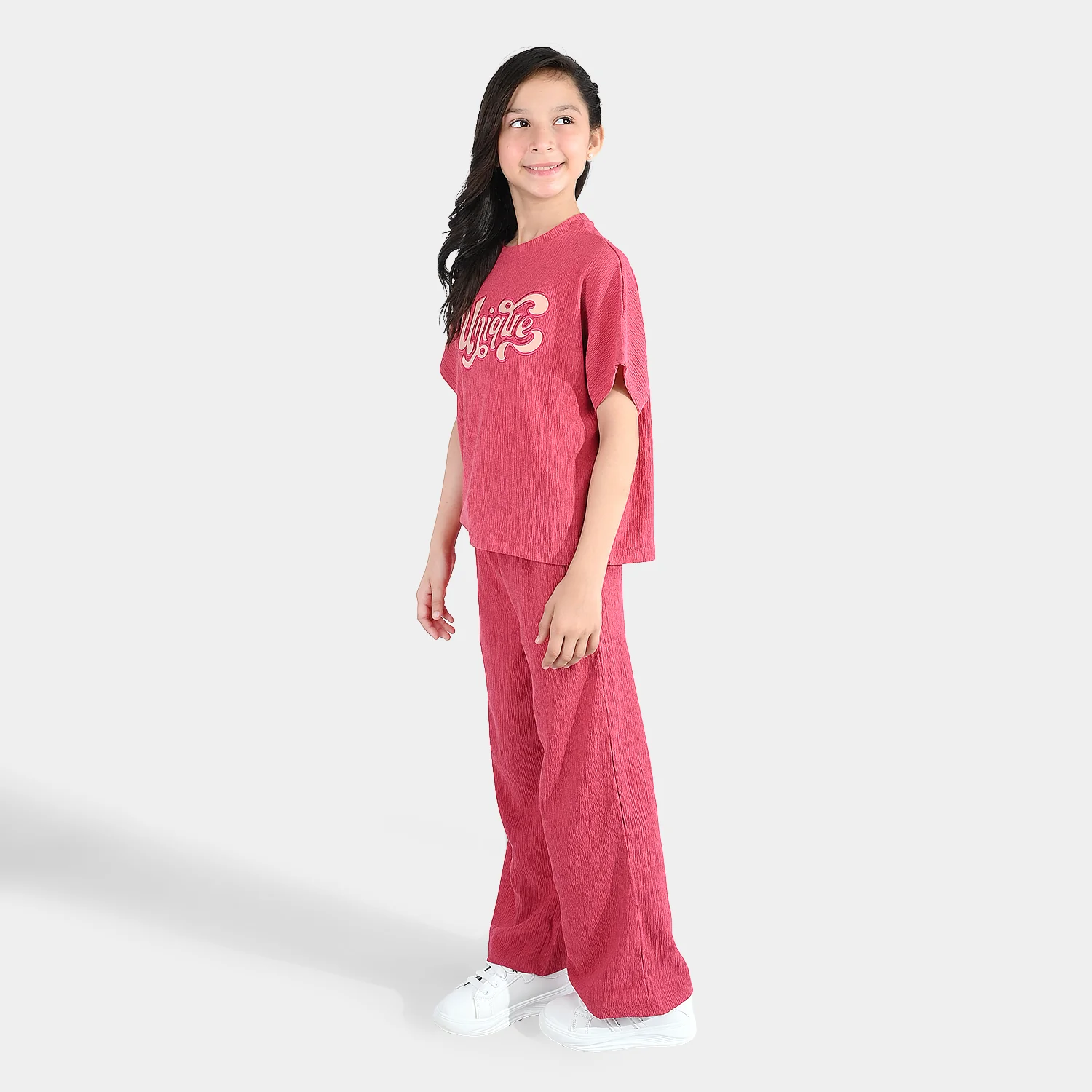 Girls Poly Crinkle 2 Piece suit Unique-Pink - Image 5