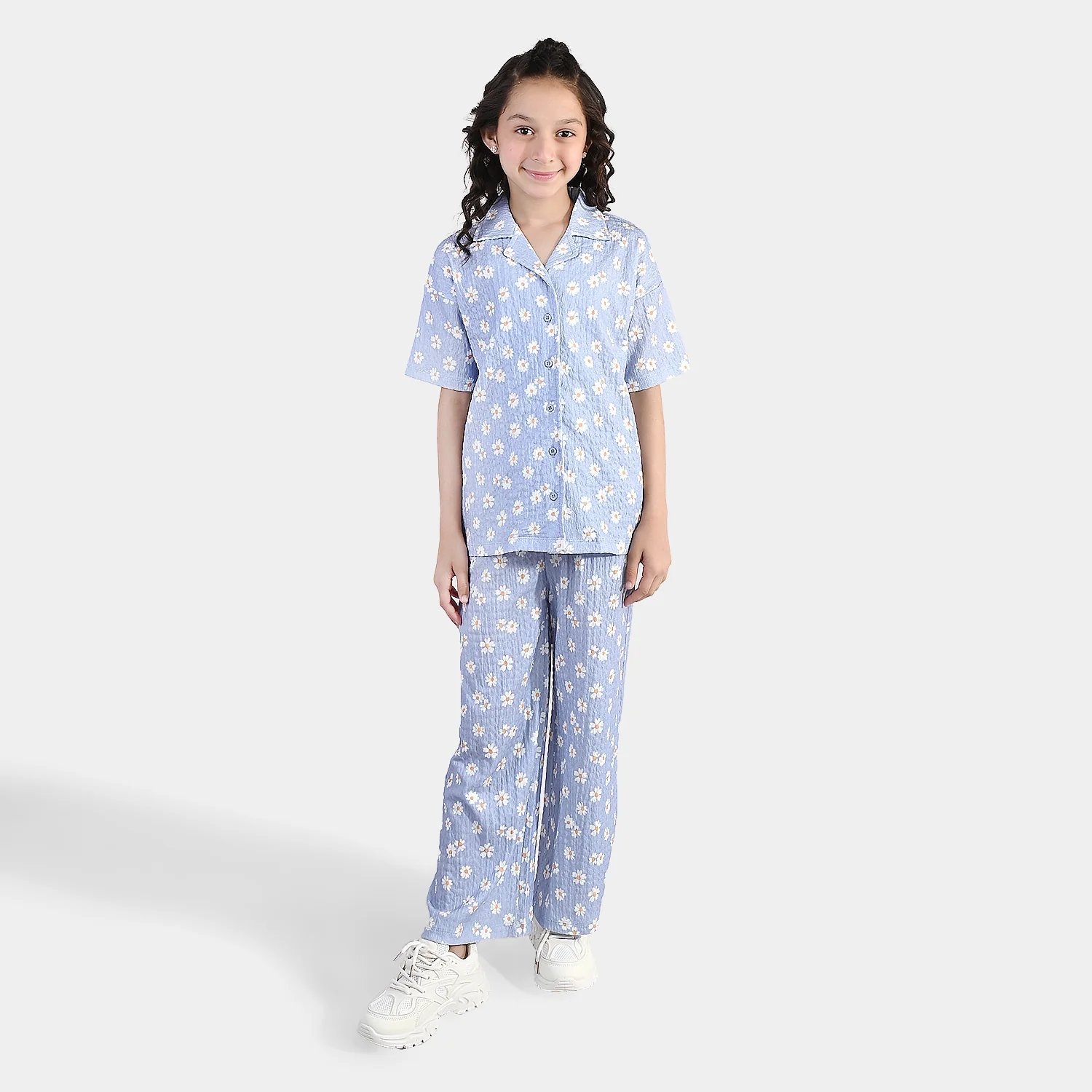 Girls Poly Crinkle 2-Piece Suit – Flower Print Blue with Collar and Button-Up