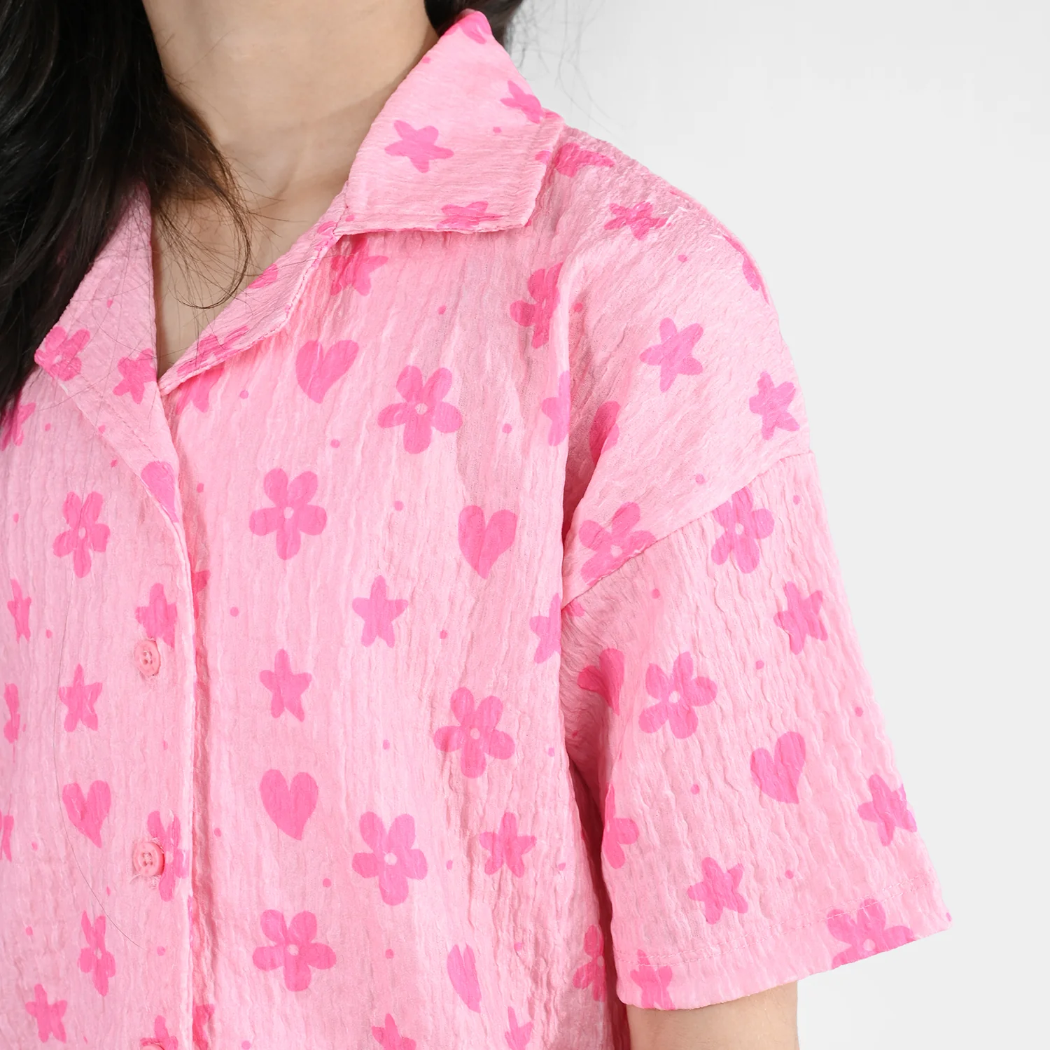Girls Poly Crinkle 2-Piece Suit Flowers & Hearts - Pink - Image 4
