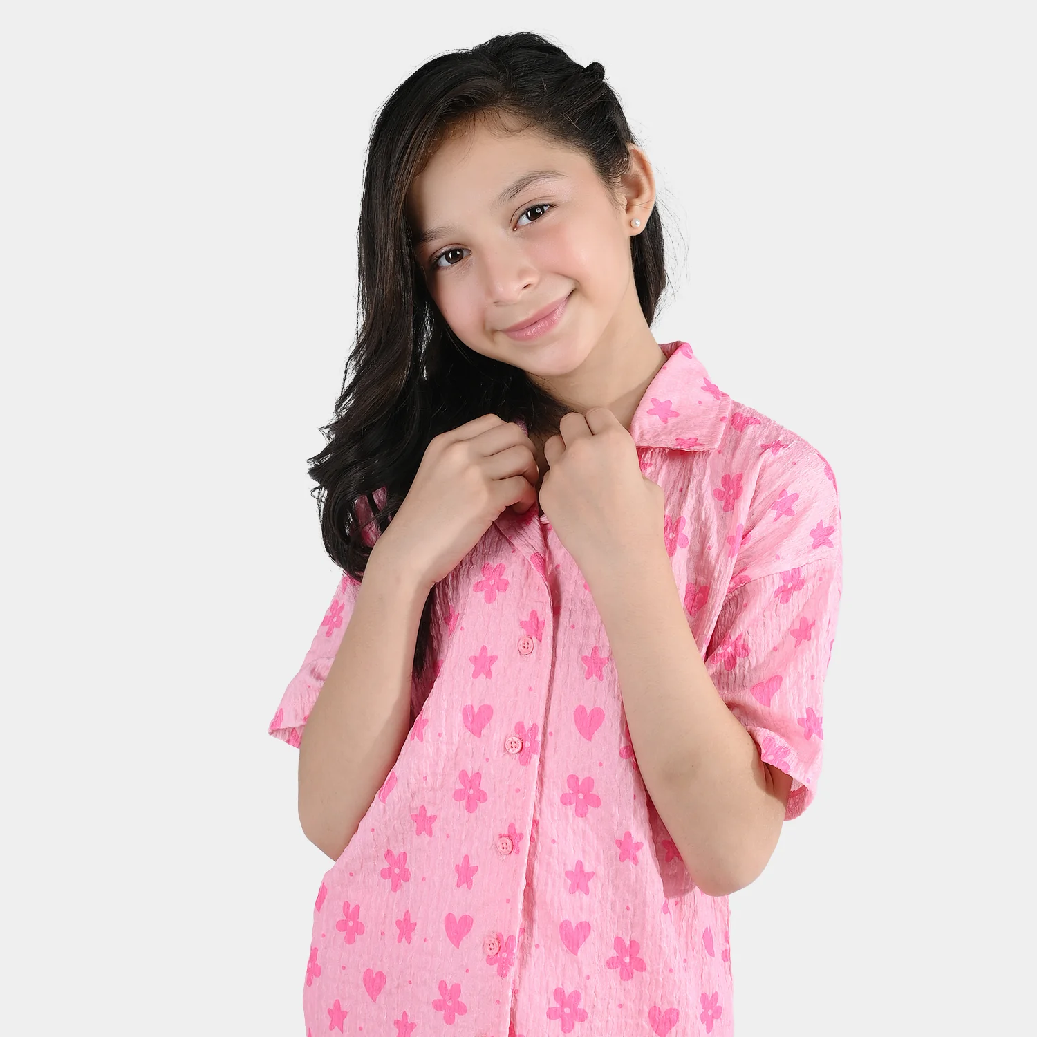 Girls Poly Crinkle 2-Piece Suit Flowers & Hearts - Pink - Image 5