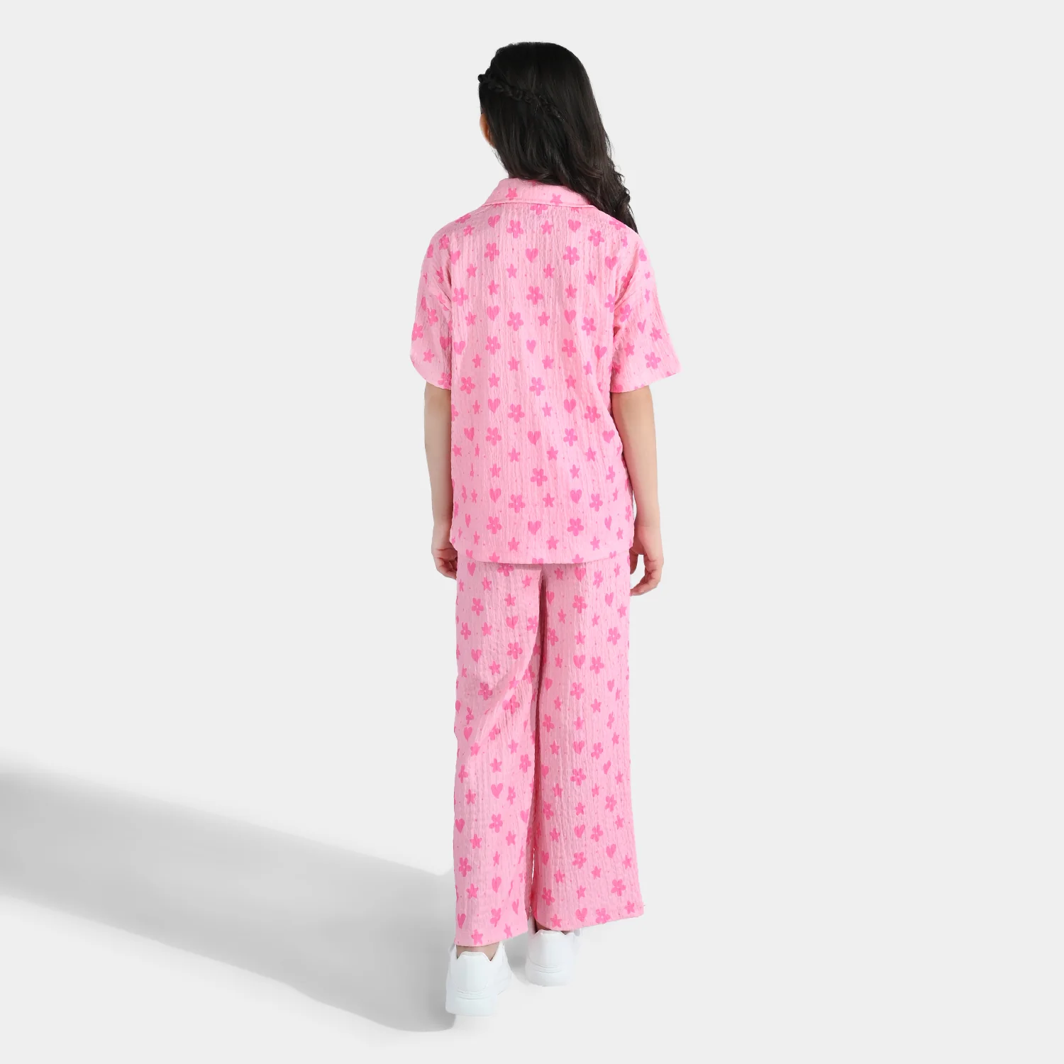 Girls Poly Crinkle 2-Piece Suit Flowers & Hearts - Pink - Image 6