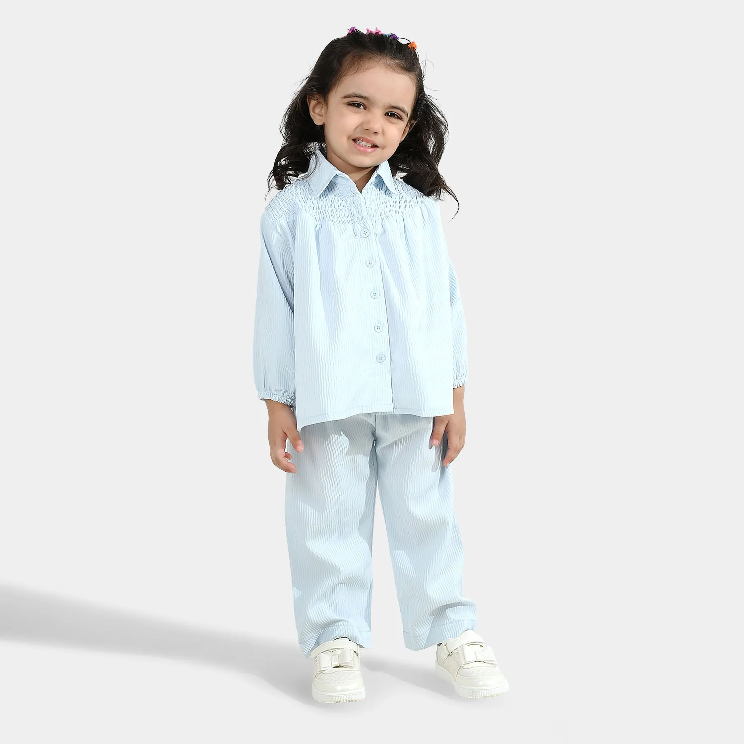 Girls Poly Crinkle Co-Ord Set Pleated Set-Blue