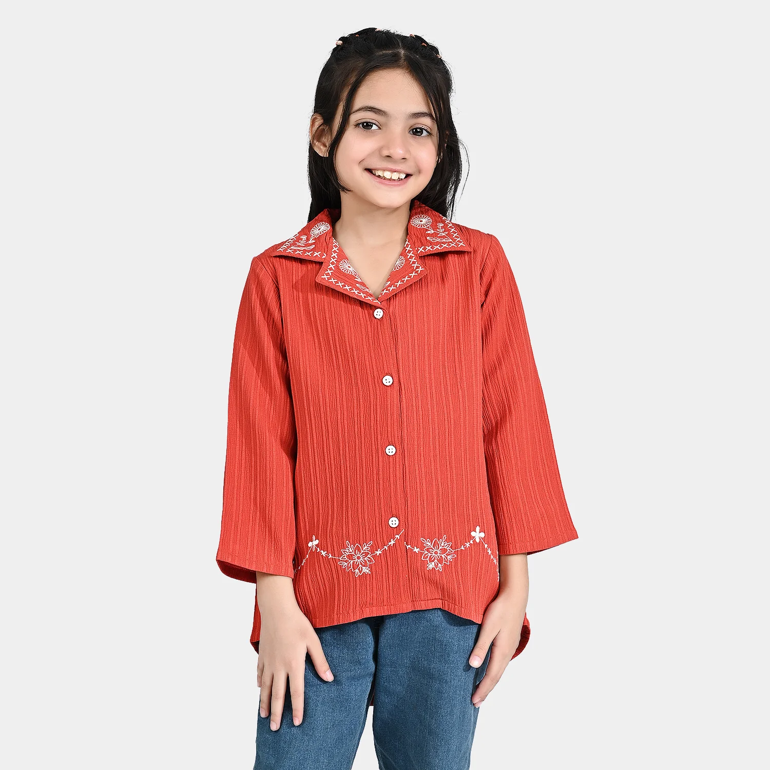 Girls Poly Crinkle Embroidered Top (Dahlia) - Rust - Image 3