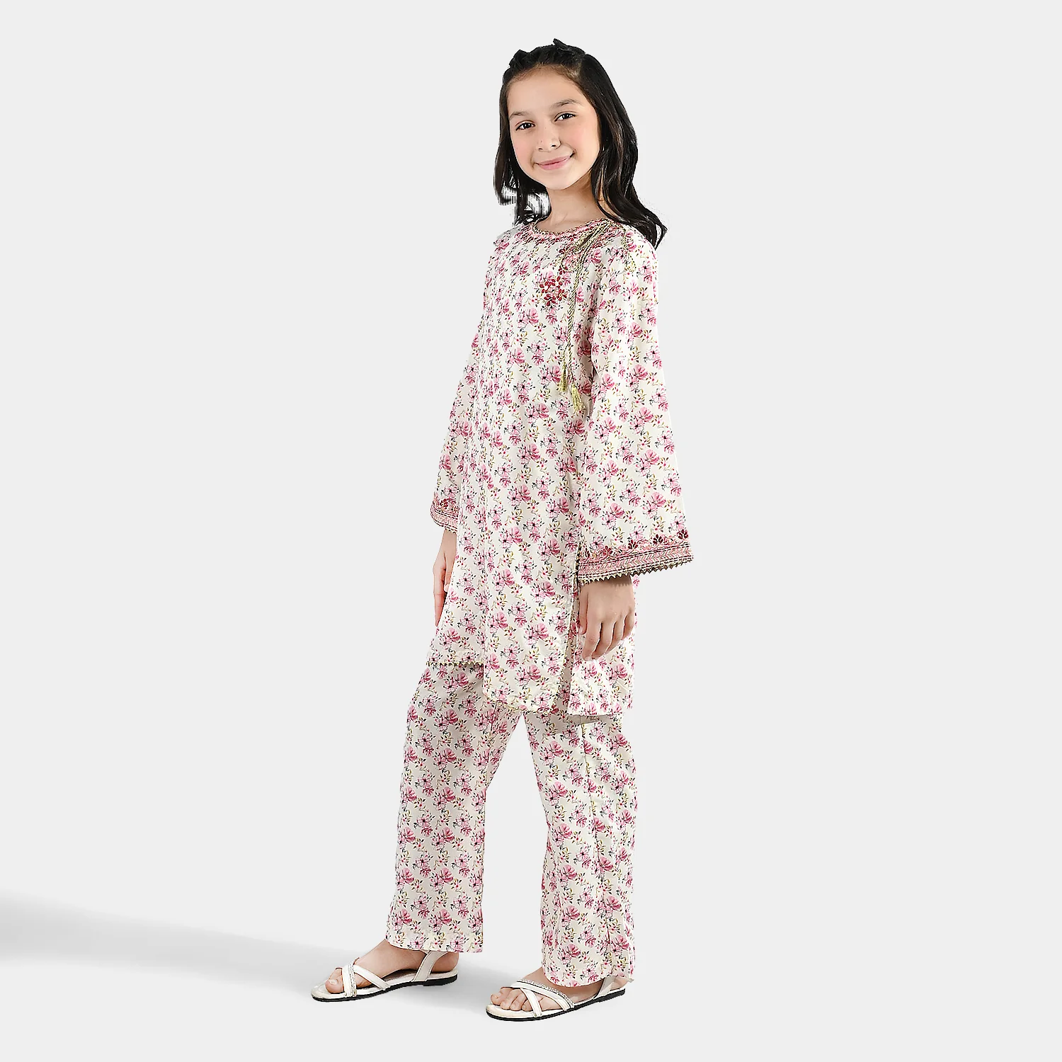 Girls Poly Lawn 2 Piece Suit (Phool) - Peach/Pink - Image 5