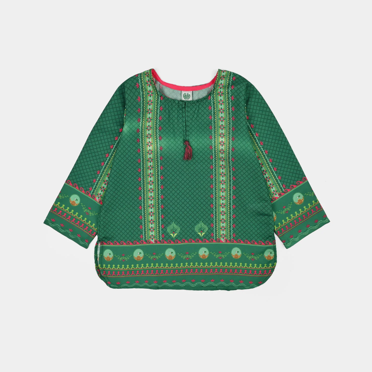 Girls Poly Lawn Casual Top Panel Flags-Green