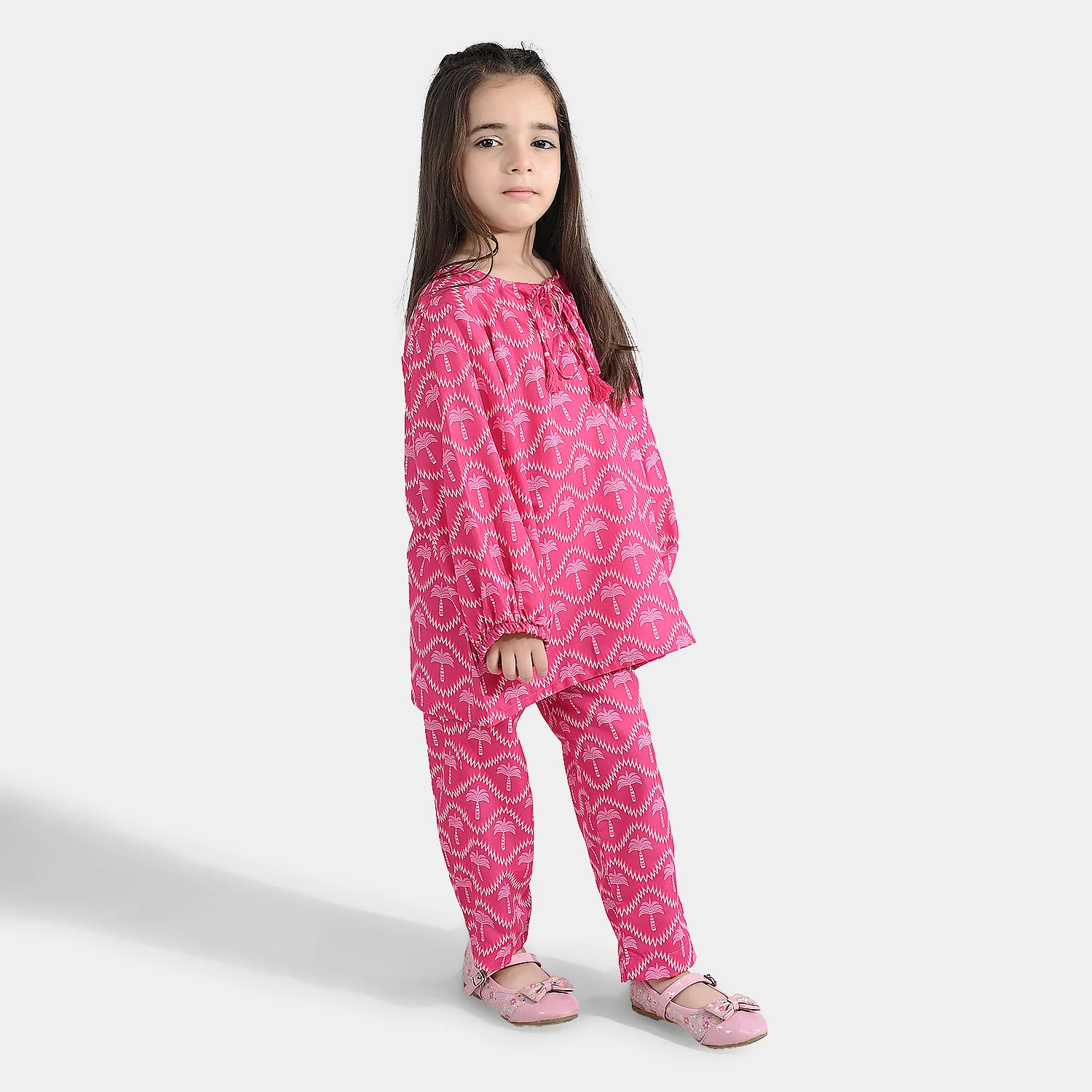Girls Poly Lawn Co-Ord Set Palm Tree-Pink - Image 4