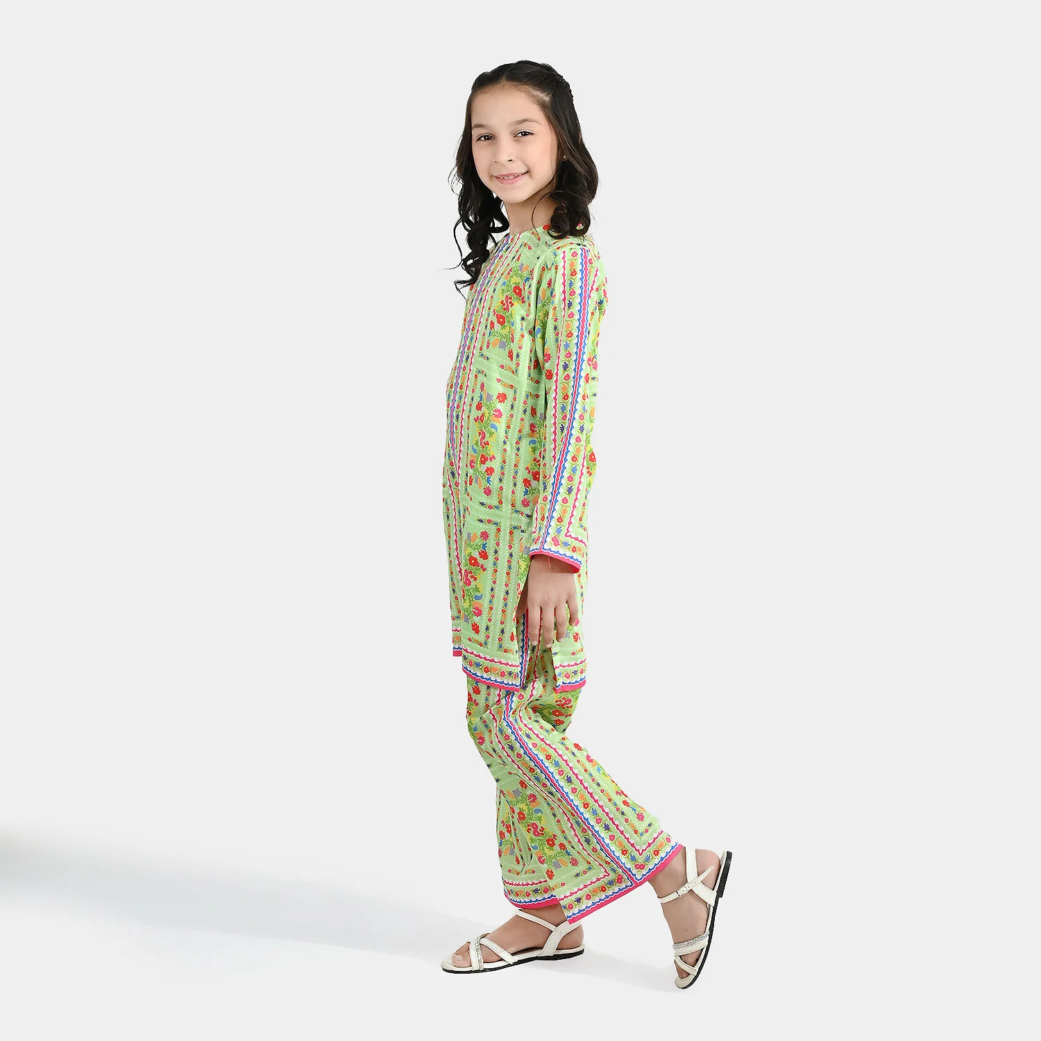 Girls Poly Lawn Printed 2-Piece Set (Rang Bhar) - Green - Image 3