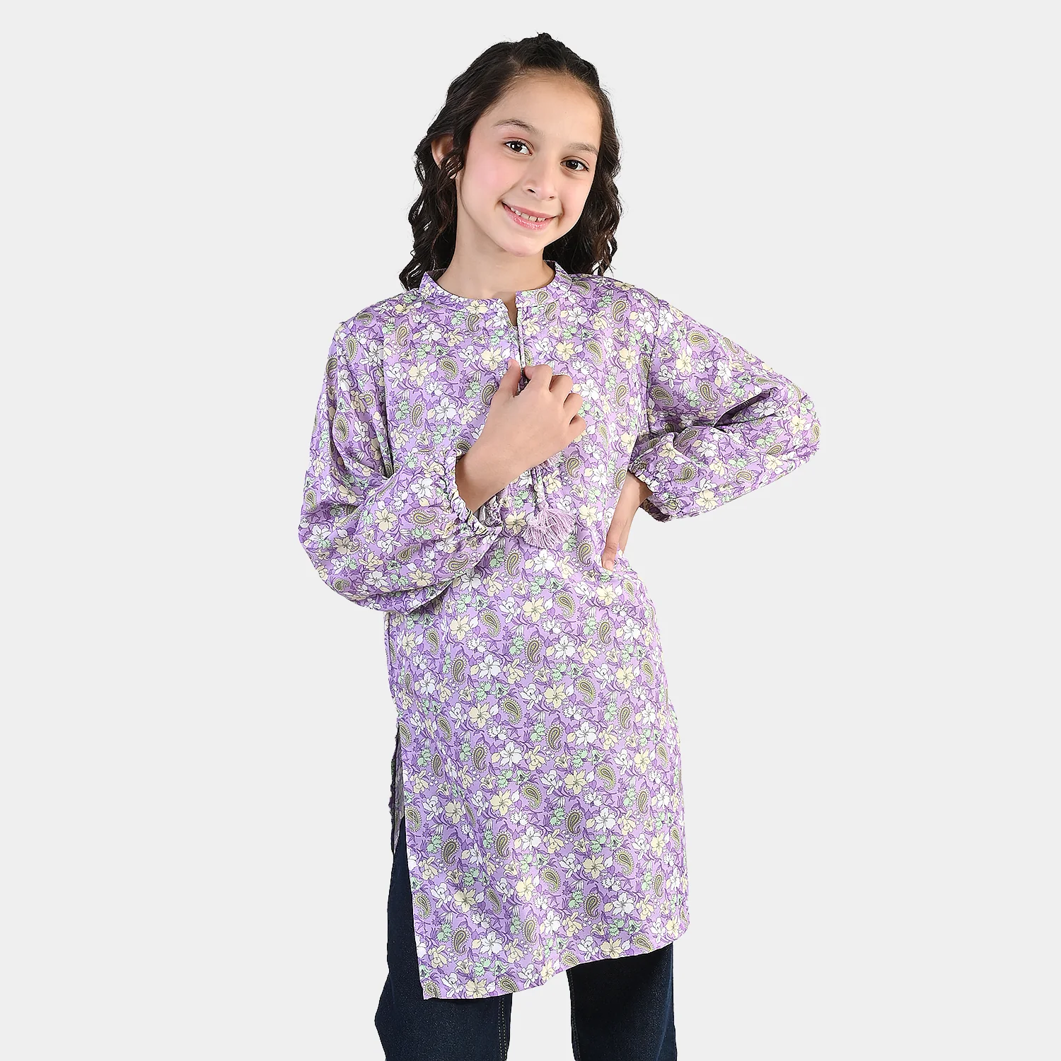 Girls Poly Lawn Printed Kurti Paisley - PURPLE - Image 2