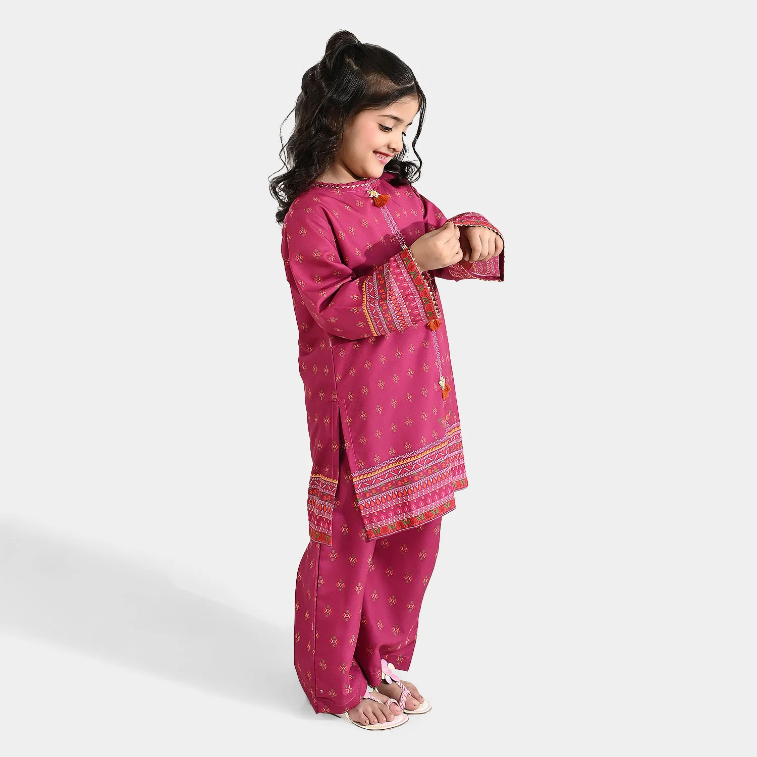 Girls Poly Mesh Printed 2Pcs - Magenta - Image 3