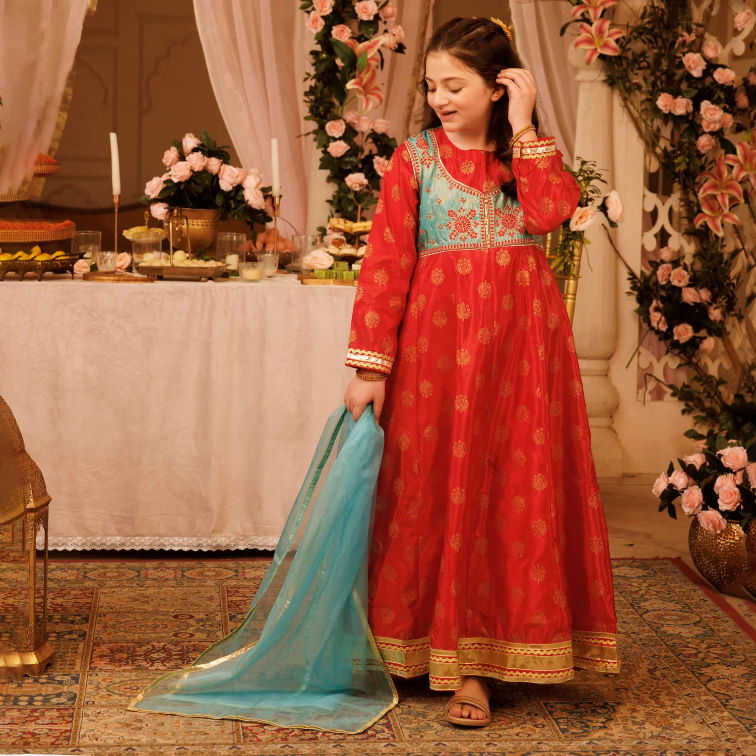 Girls Poly Satin 2Pcs Suit-Red - Image 3