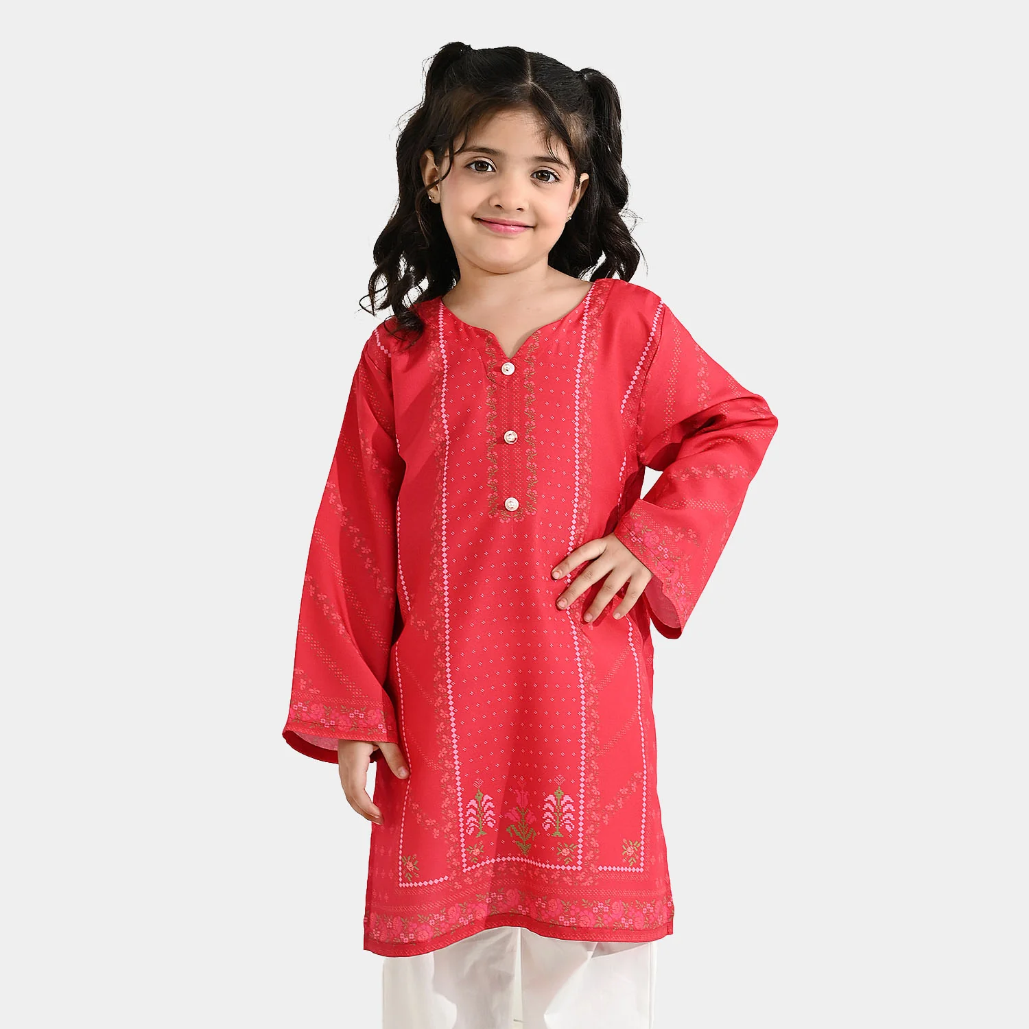 Girls Poly Twill Printed Kurti - Shocking Pink - Image 3