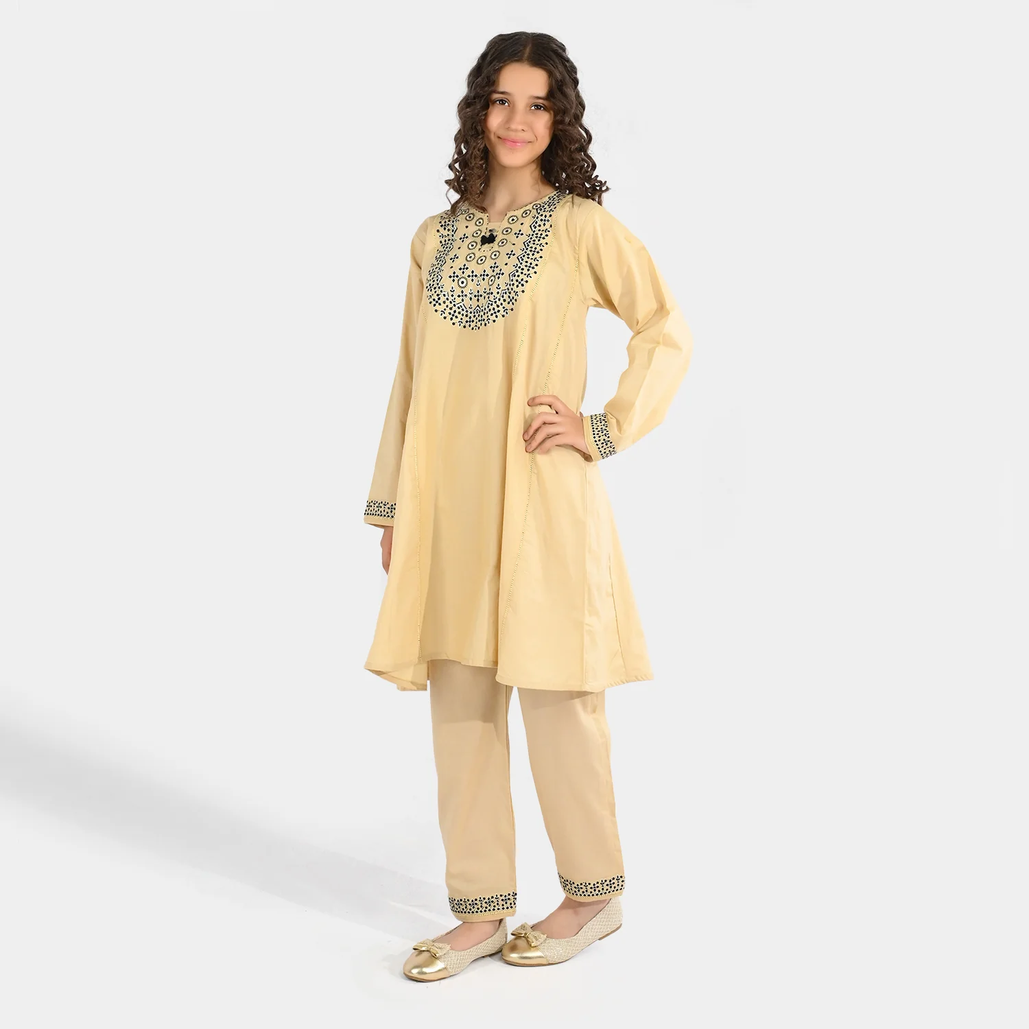 Girls Poplin 2Pcs Embroidered - Off White - Image 3