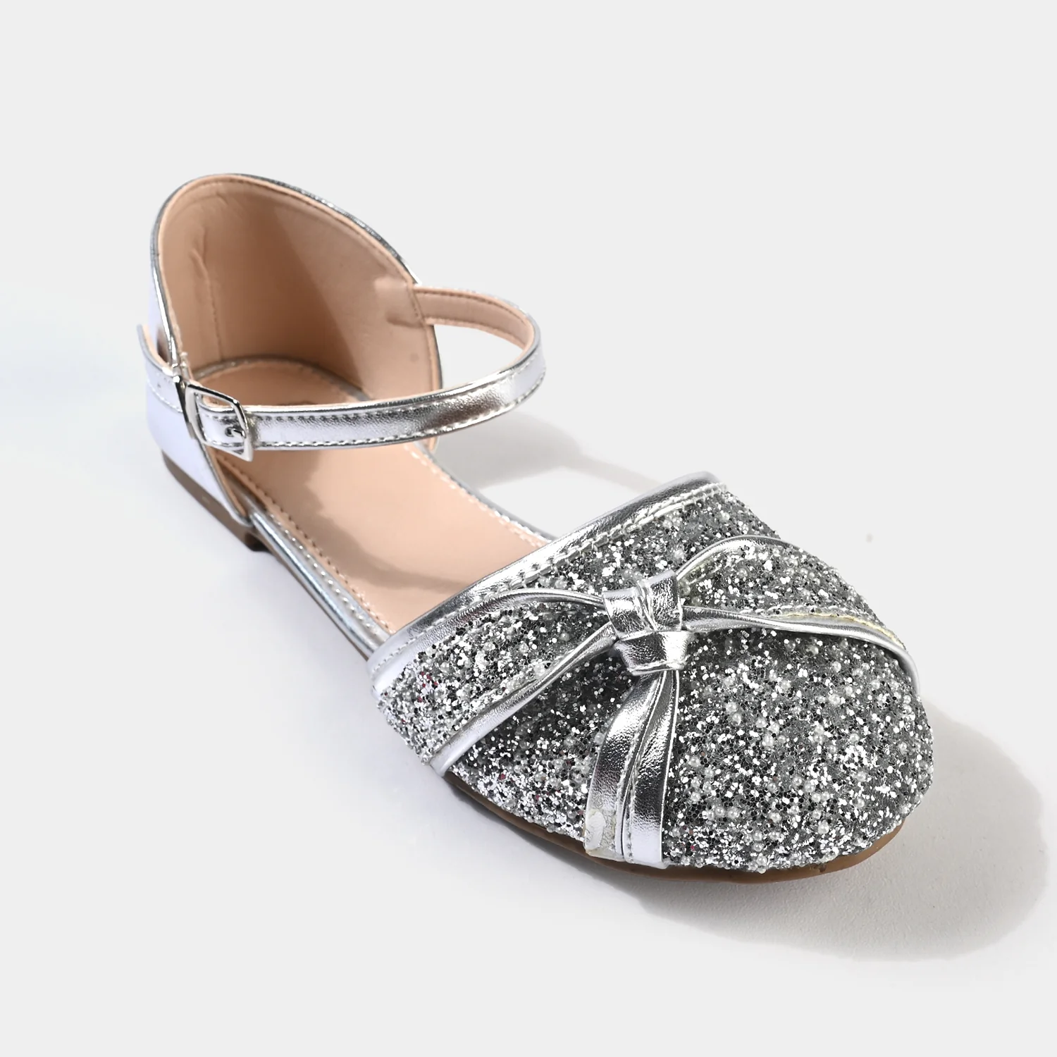 Girls Pumps 11-136 Glitter Bow Ankle Strap – Silver