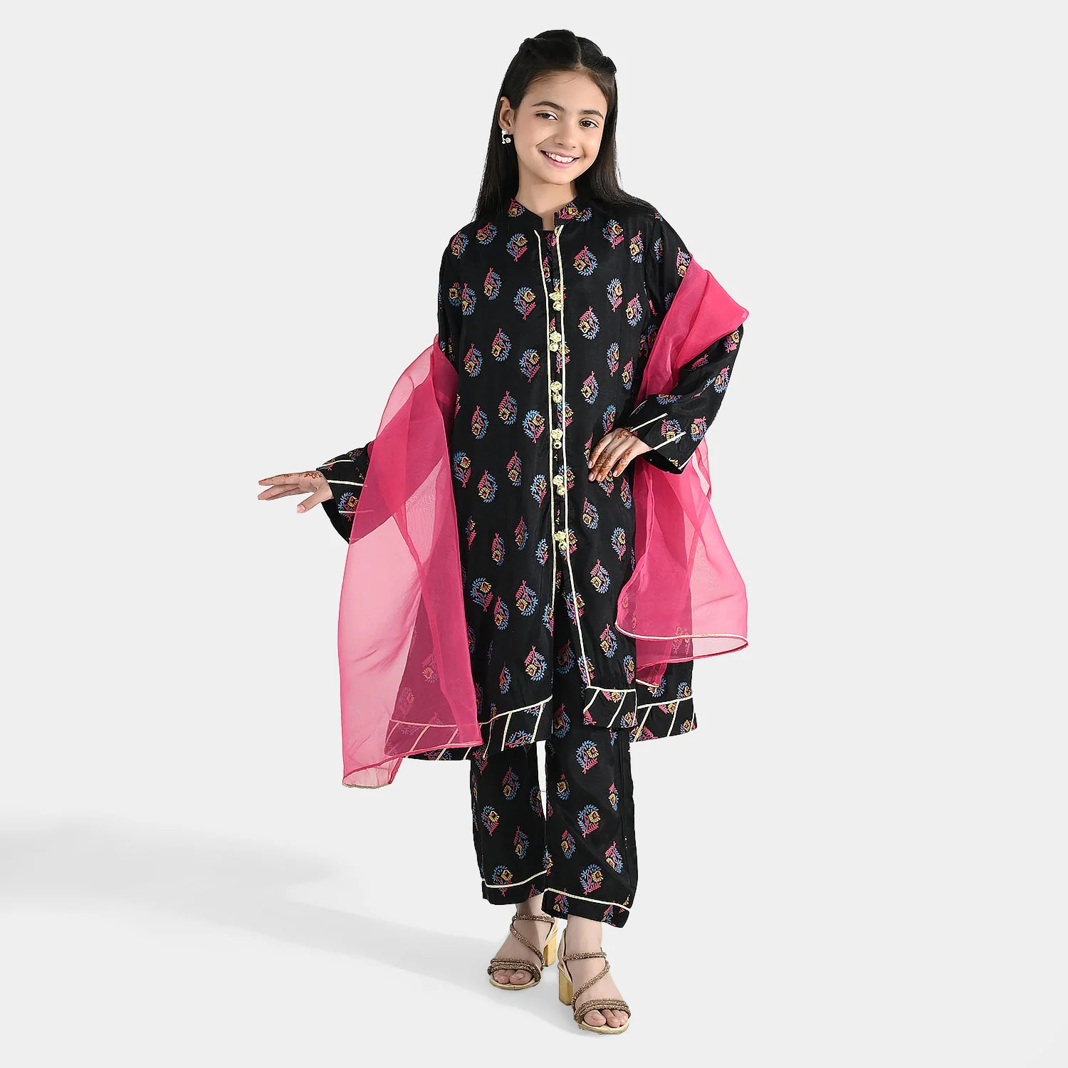 Girls Raw Silk 3-Pcs Suit (Aabroo) - Black - Image 3